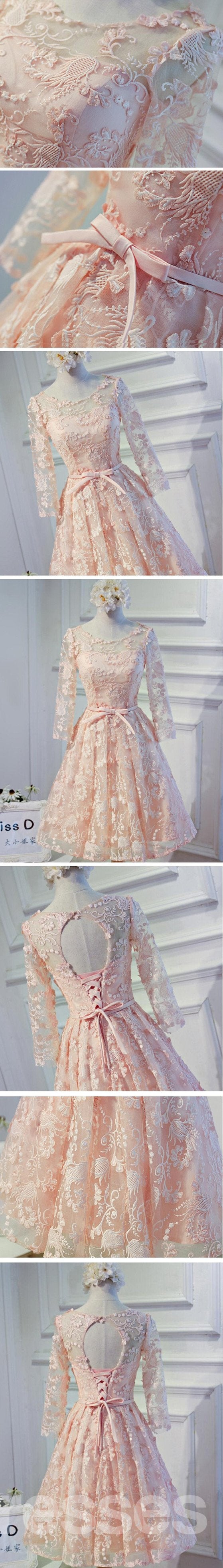 Elegant Long Sleeve Light Peach Open Back Lace Prom Dress - Affordable Homecoming & Party Dresses for Women - Perfect for Formal Events, Dances & Special Occasions - Style CM317