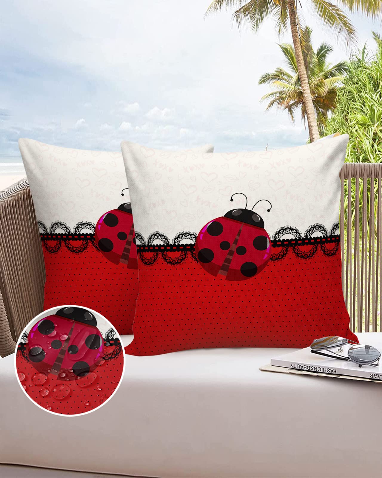 Waterproof Outdoor Throw Pillow Covers 24x24 Inch - 2 Pack Red & White Polka Dot Ladybug Valentine's Decorative Cushion Cases for Sofa, Couch, Patio (Perfect for Valentine's Day, Home Decor, and Outdoor Use)