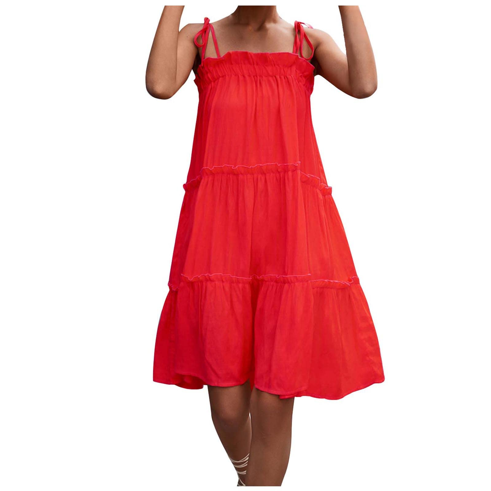 Blczomt Women's Summer Beach Dress - Sleeveless Tie-Strap Tank Dress with Layered Ruffle, Casual Knee-Length Holiday Outfit | Perfect for Beach Vacations, Pool Parties & Summer Getaways