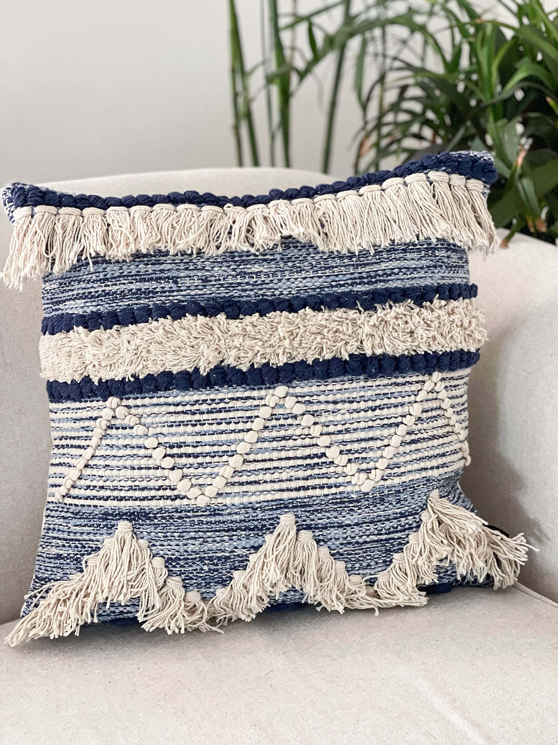 Chardin Home Montego - Handwoven Cotton Decorative Throw Pillow Covers Set of 2 (18x18 Inch) - Soft Square Blue & Off-White Couch & Sofa Pillow Cases for Living Room, Bedroom & Home Decor