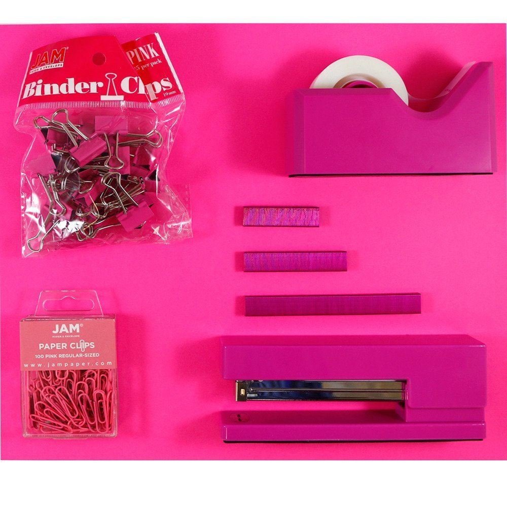 JAM PAPER Pink Office Starter Kit - Stapler, Tape Dispenser, Staples, Paper Clips & Binder Clips (5-Piece Set) - Perfect for Home Office, School & Workplace Organization