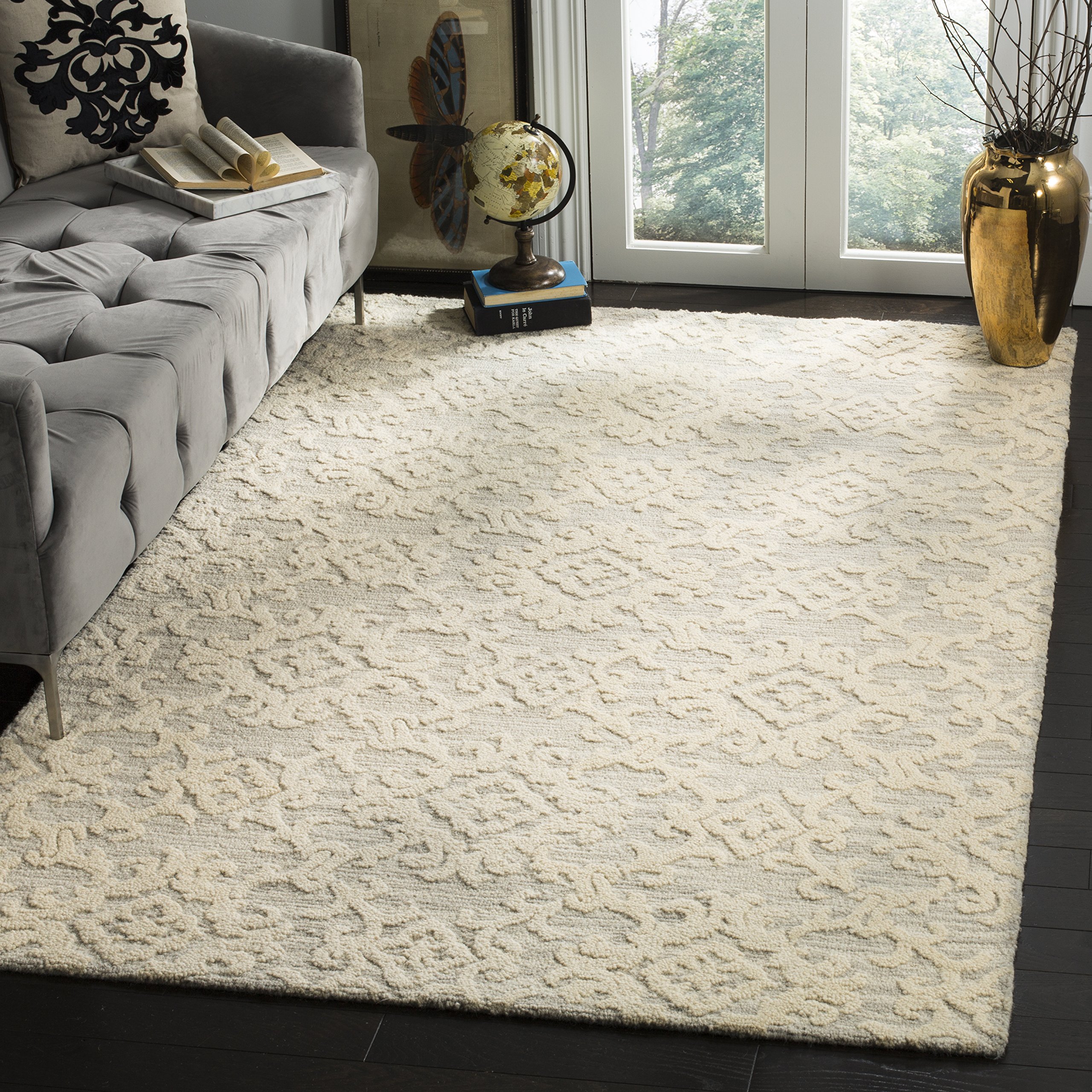 SAFAVIEH Blossom Collection 8'x8' Square Grey/Ivory Wool Area Rug - Handmade Premium for Living Room, Dining Room & Bedroom | Soft & Durable Floor Decor for Home Interior Design