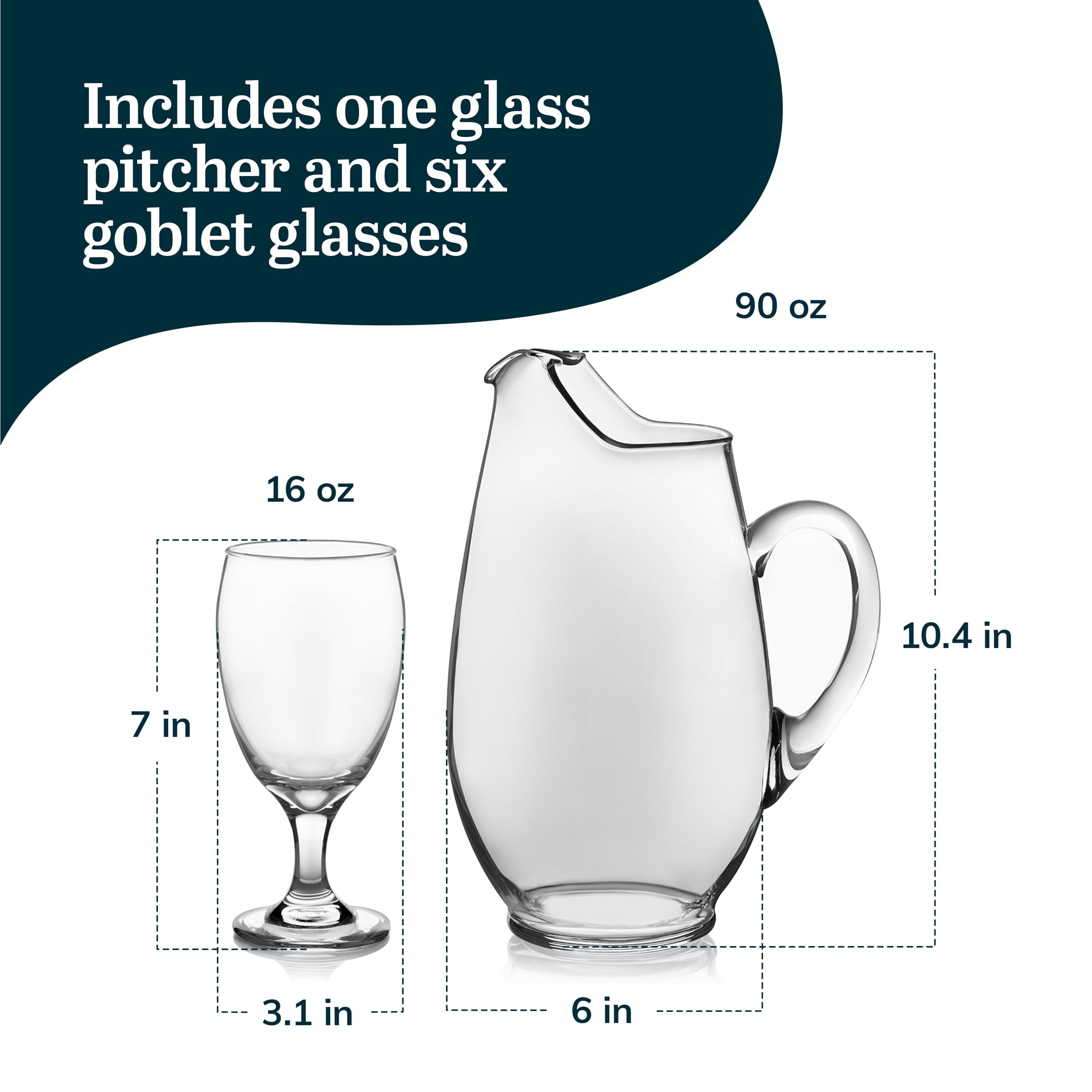 Libbey Carolina 6-Piece Glass Goblet Set with Large Pitcher - Clear Elegant Water Goblets & Modern Lemonade Jar for Parties, Weddings & Casual Gatherings - Perfect for Entertaining, Home Decor & Hosting Guests