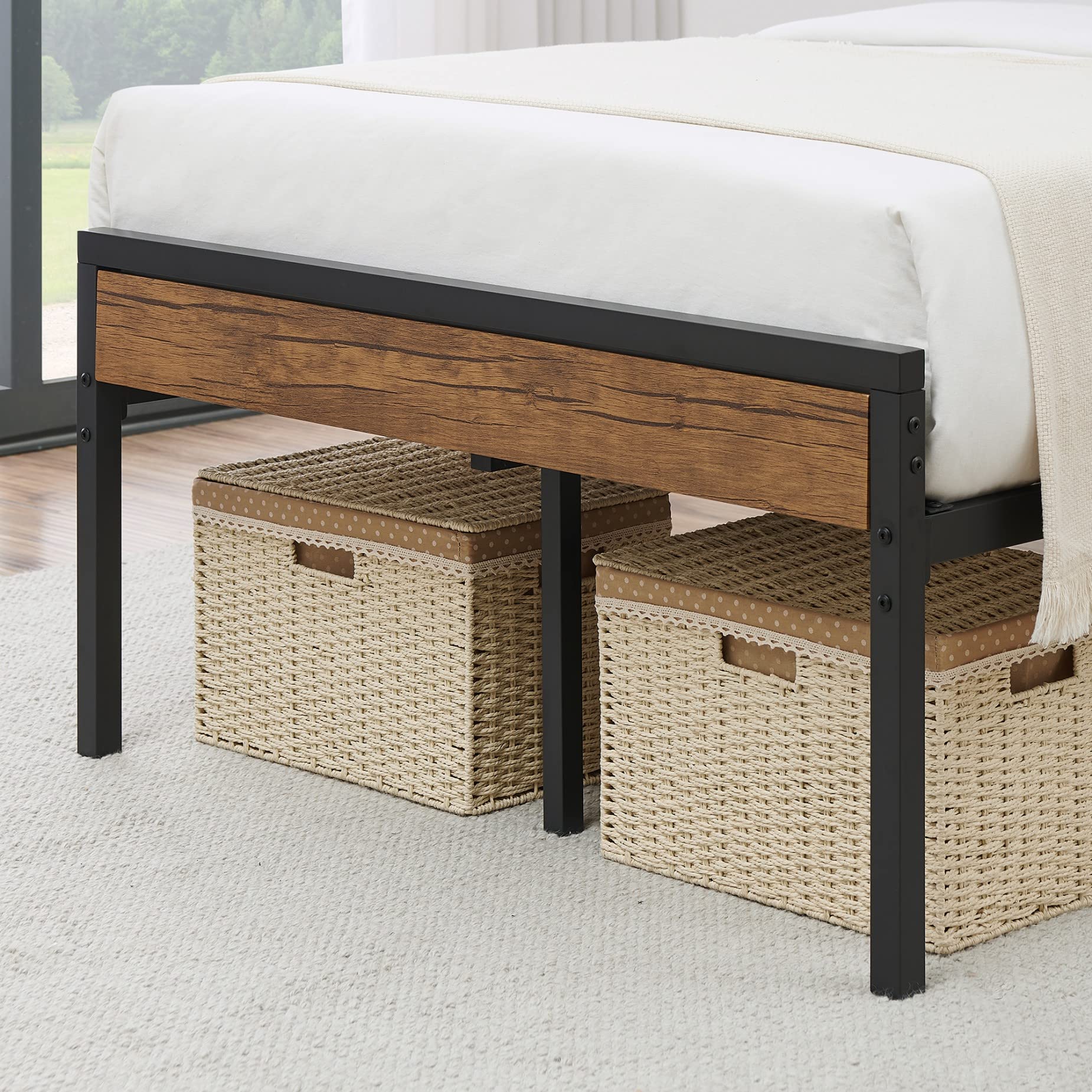 Alkmaar Twin Size Bed Frame with Wooden Headboard & Metal Slats - Sturdy Platform Bed with Underbed Storage Space, No Box Spring Required - Black Modern Bedroom Furniture for Small Spaces & Guest Rooms