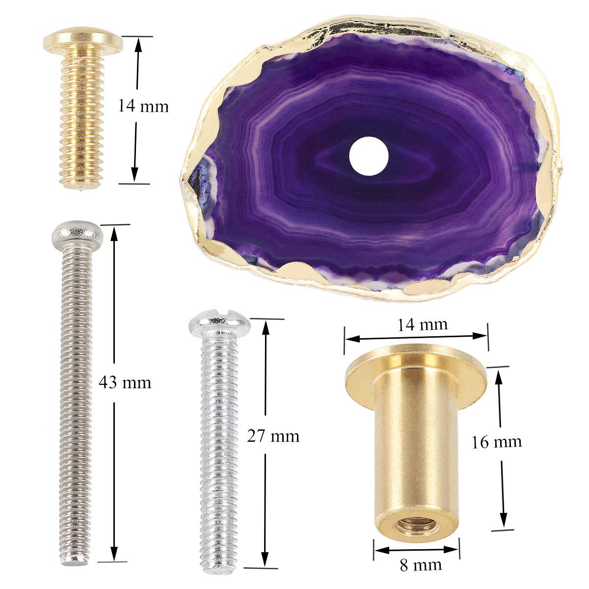 Purple Agate Knobs for Drawers - Gold Plated Edge - Pack of 4 - Elegant Home Decor