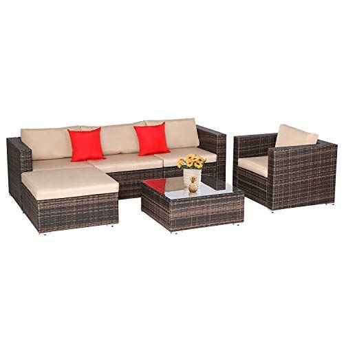 SOLAURA 6-Piece Outdoor Patio Furniture Set - All-Weather Brown Wicker Rattan Sectional Sofa with Wide Seat & Glass Coffee Table - Perfect for Backyard, Garden, Poolside & Terrace Relaxation