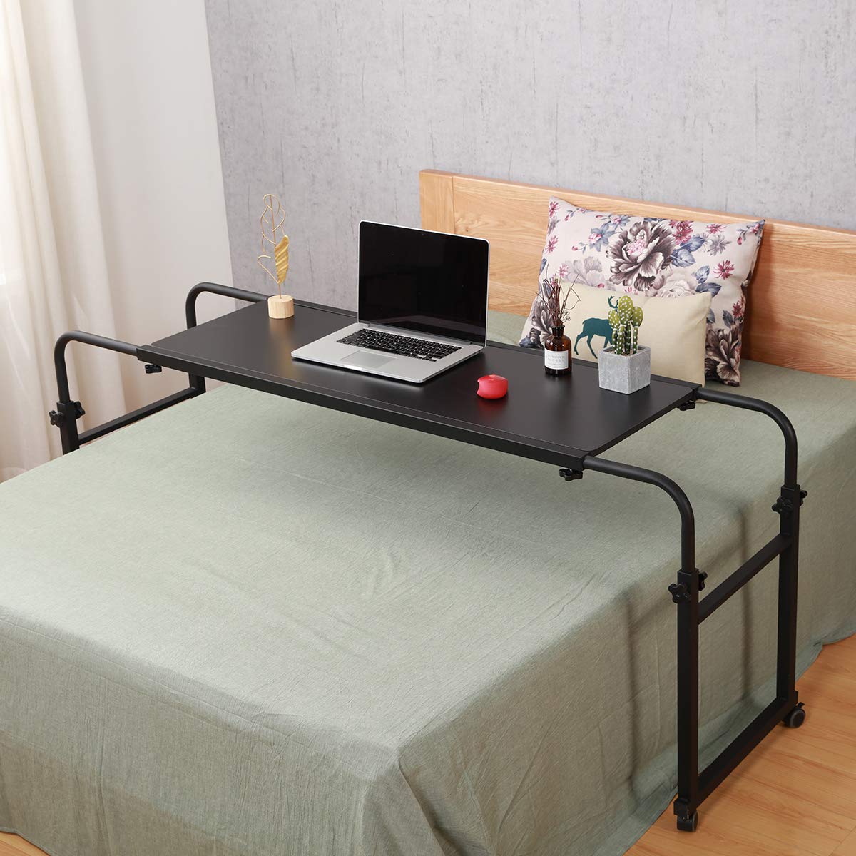 Adjustable Overbed Table with Wheels - Rolling Laptop Desk for King/Queen Beds, Portable Hospital Bed Table (Black) - Perfect for Home Office, Hospital Use & Bedside Workspace