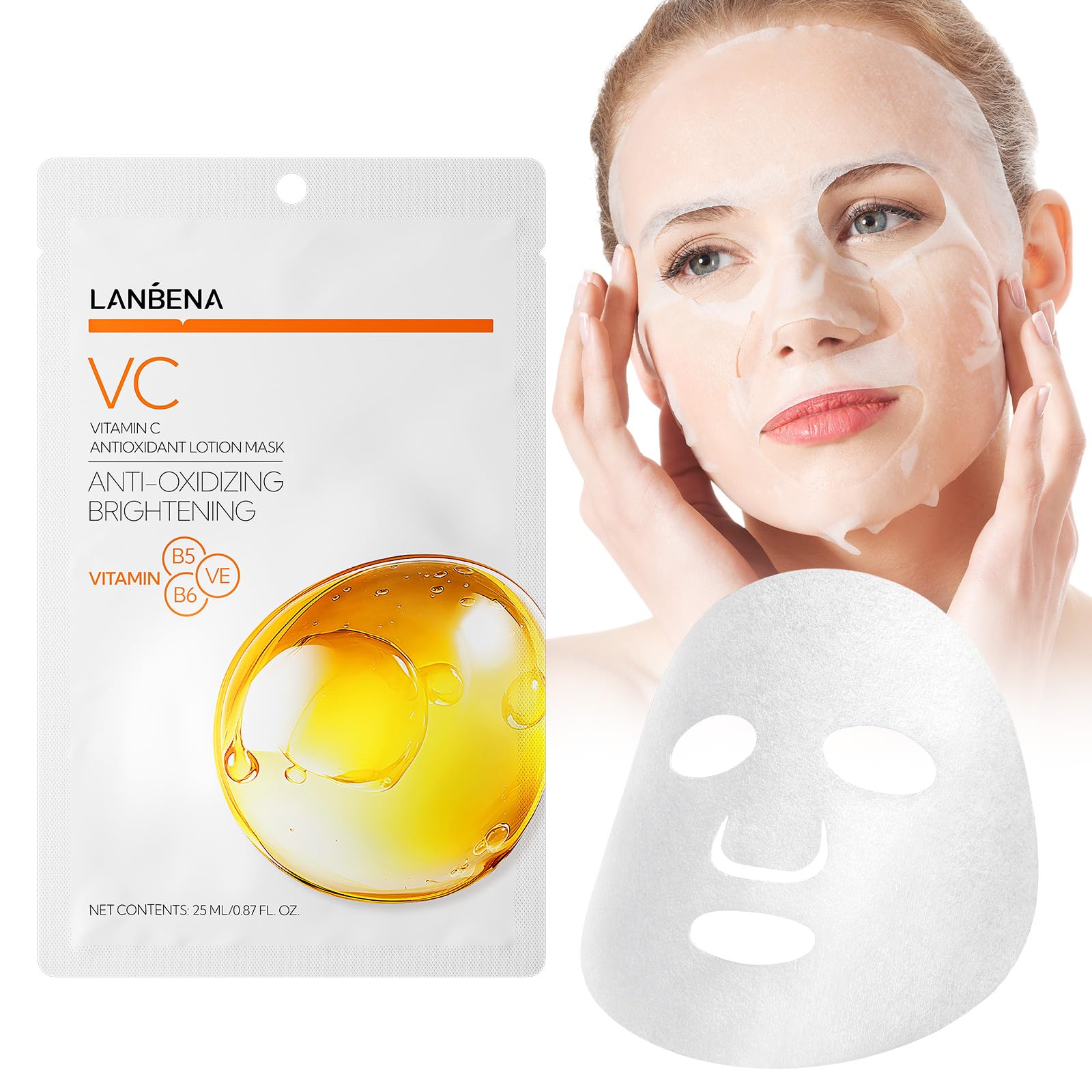 LANBENA Vitamin C Hydrating Sheet Masks - Brightening, Firming & Anti-Aging Overnight Face Mask for All Skin Types | Deep Moisturizing Spa Skincare Treatment | 1 Pack | Perfect for Nighttime Routine, Dry Skin Relief & Glowing Skin Care Regimen