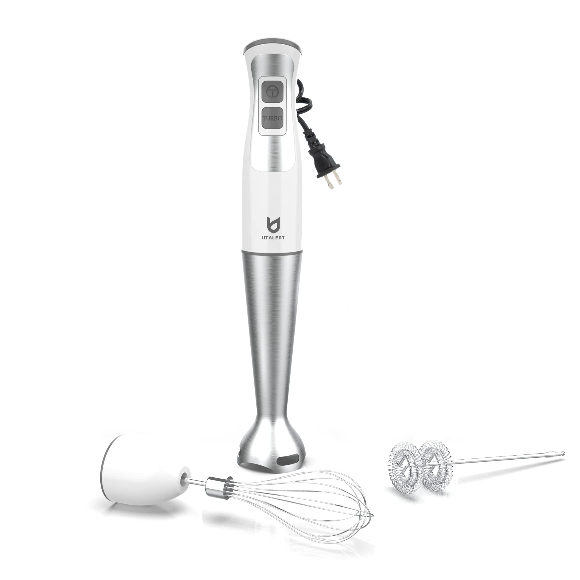 UTALENT 3-in-1 Immersion Hand Blender with 8-Speed Control, Milk Frother & Egg Whisk - Perfect for Smoothies, Baby Food Puree, Coffee Foam, Soups & Sauces - Ideal for Kitchen, Home Cooking & Meal Prep - White