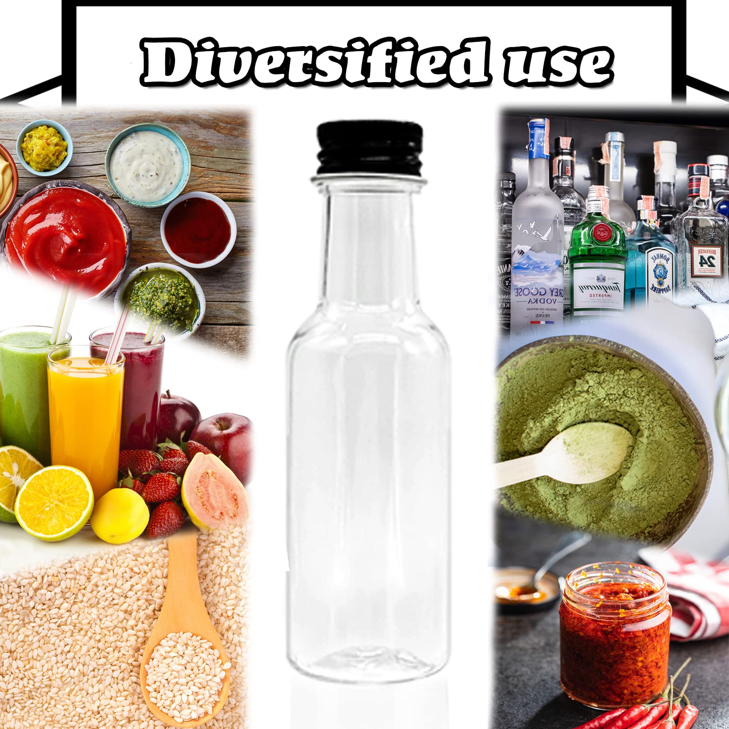 50 Pack 1.7oz Mini Liquor Bottles with Black Screw Caps - Reusable Plastic Alcohol Shot Bottles for Cocktails, Baby Showers, Weddings & Parties - Includes 10 Funnels for Easy Filling
