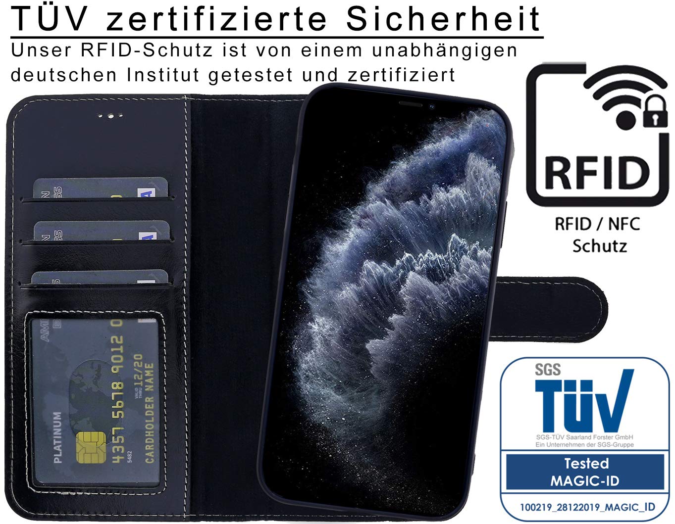 Premium Leather iPhone 12 Pro Max Case with RFID Protection & Removable Cover - TÜV Certified Slim Protective Phone Cover for Apple iPhone 12 Pro Max (Black, MWB-IP11) - Perfect for Business Travel & Daily Use