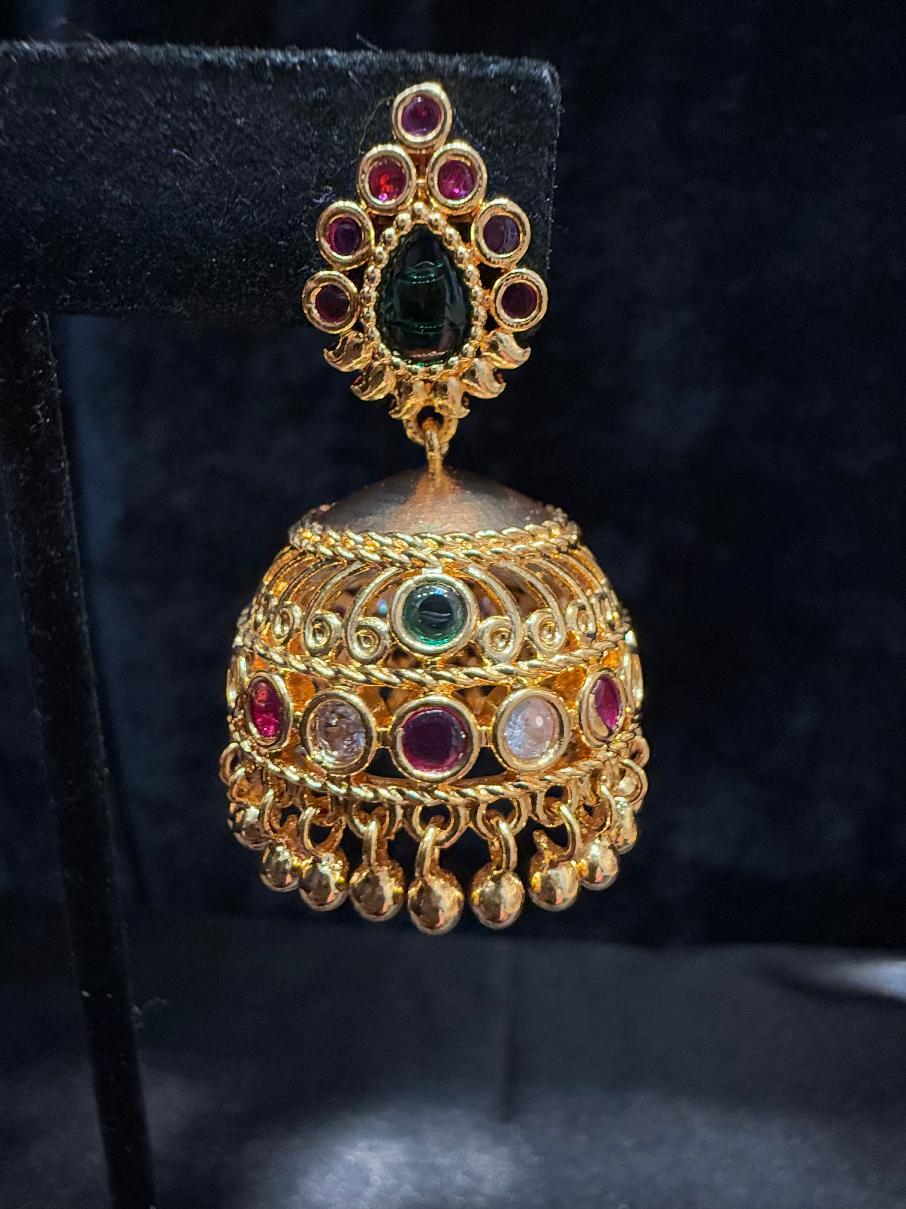 Exquisite Gold Plated Designer Jhumka Earrings with Multicolor Stones & Golden Beads – Perfect for Weddings, Parties & Ethnic Fashion