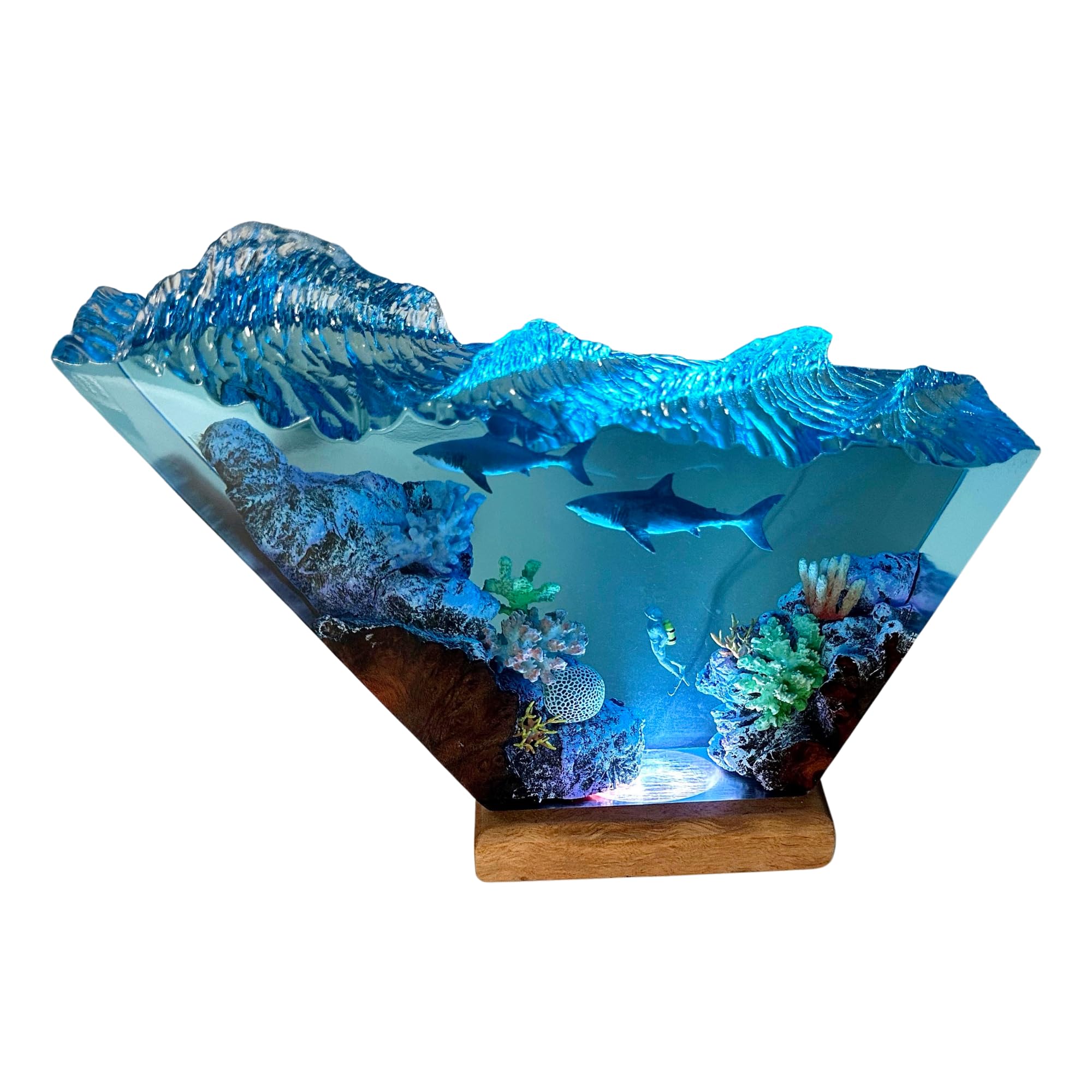 Handmade Great White Shark & Scuba Diver Resin Lamp - 12x6 Inch Deep Blue Ocean Epoxy Resin Night Light - Unique Valentine's Day Gift for Him/Her - Perfect for Bedroom, Living Room & Office Decor