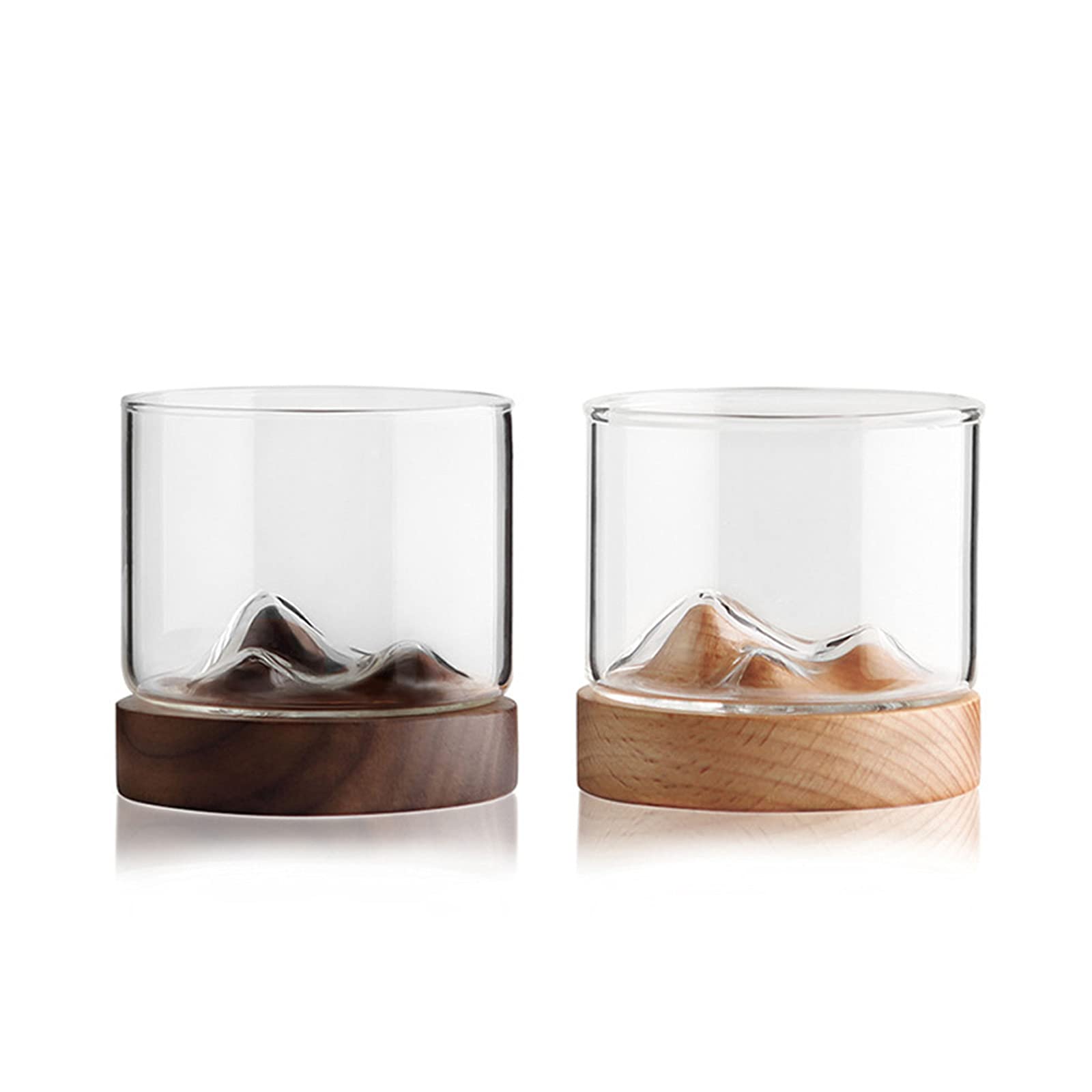2PCS Whiskey Glasses - Mountain Fuji Style Wine Glass Teacups with Wooden Base for Infusing Coffee, Milk, Tea - Perfect for Home Bar, Gift Giving & Japanese Tea Ceremony