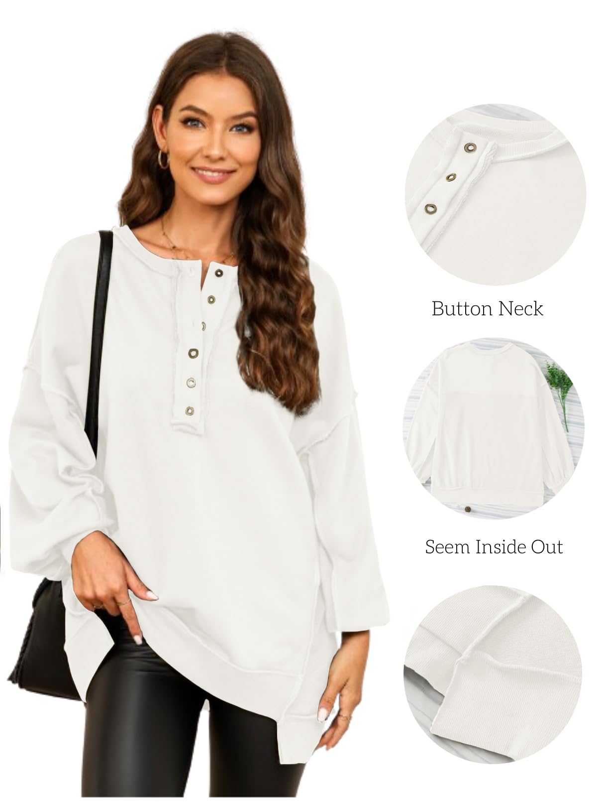 AlvaQ Women's Oversized Sweatshirt - Casual Long Sleeve Button Down Henley Neck Pullover Tunic Top for Women | Perfect for Lounge Wear, Fall Outfits & Casual Street Style