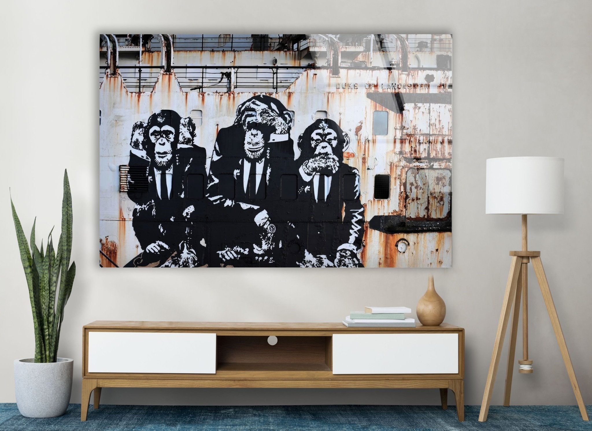 3 Monkey Banksy Glass Wall Art - Modern Home Decor for Living Room, Bedroom & Office - Unique Street Art Inspired Glass Painting