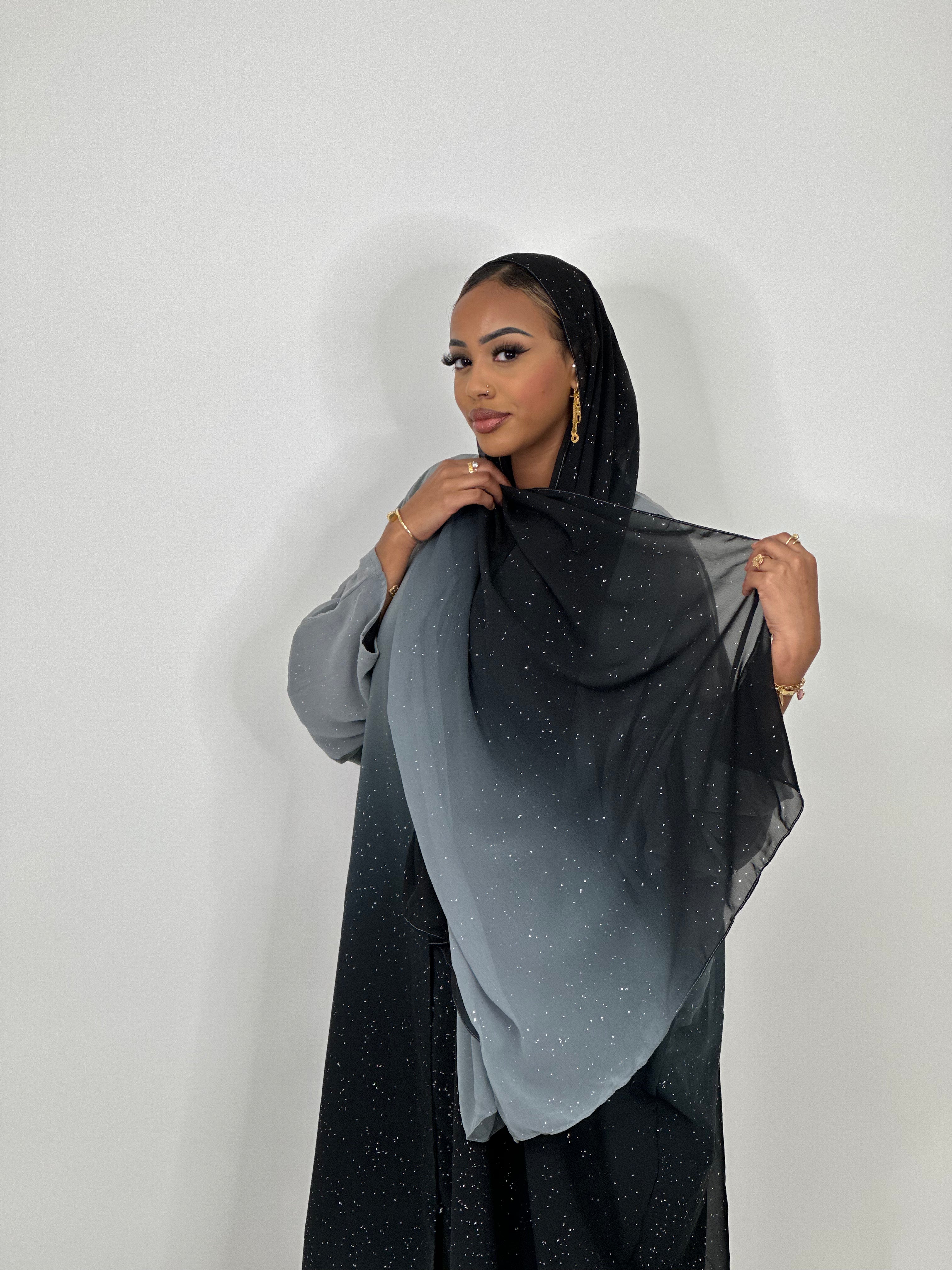 Elegant Grey Ombré Stars Abaya - Stylish Islamic Dress for Women - Perfect for Prayer, Eid, and Special Occasions