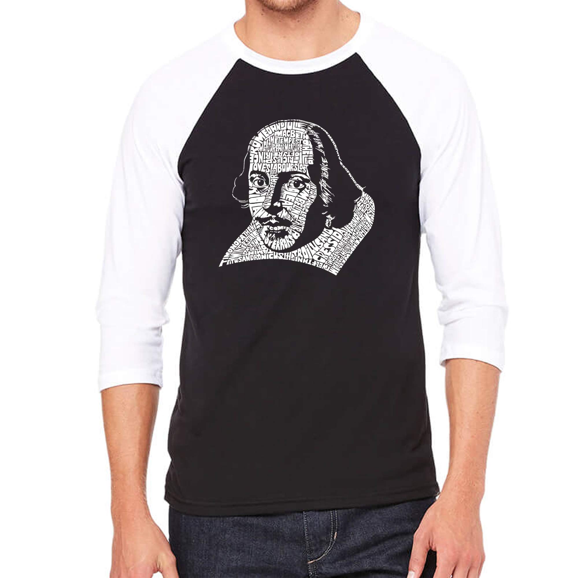 LA POP ART Men's Raglan Baseball Word Art T-Shirt - All William Shakespeare's Comedies & Tragedies Printed | Vintage Literary Tee for Theater Lovers & Bookworms | Perfect for Shakespeare Festivals, Book Club Meetings & Casual Wear