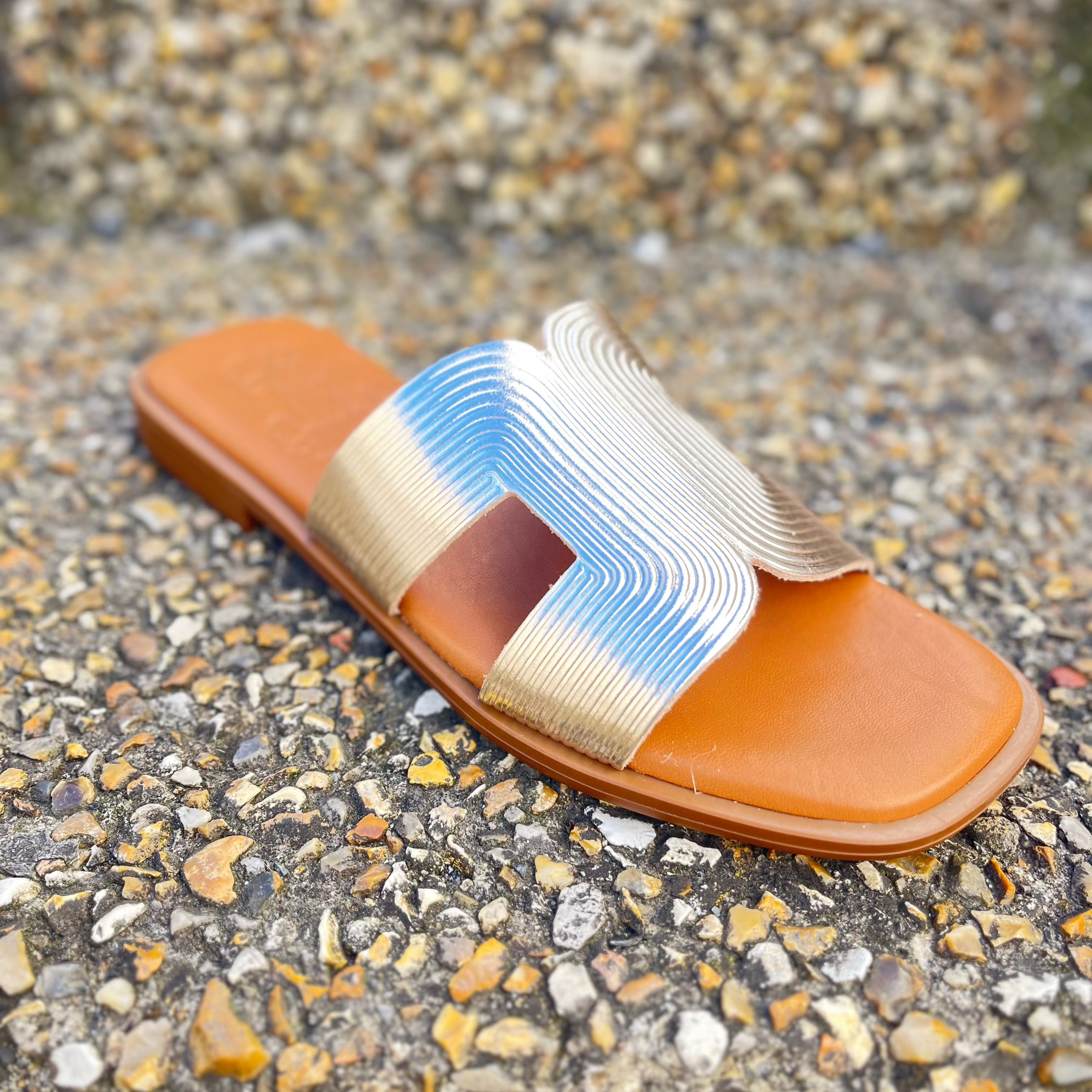 OH MY SANDALS Women's Gold Leather Slide Sandals 5327 - Comfortable Summer Slides for Beach, Pool, and Casual Wear