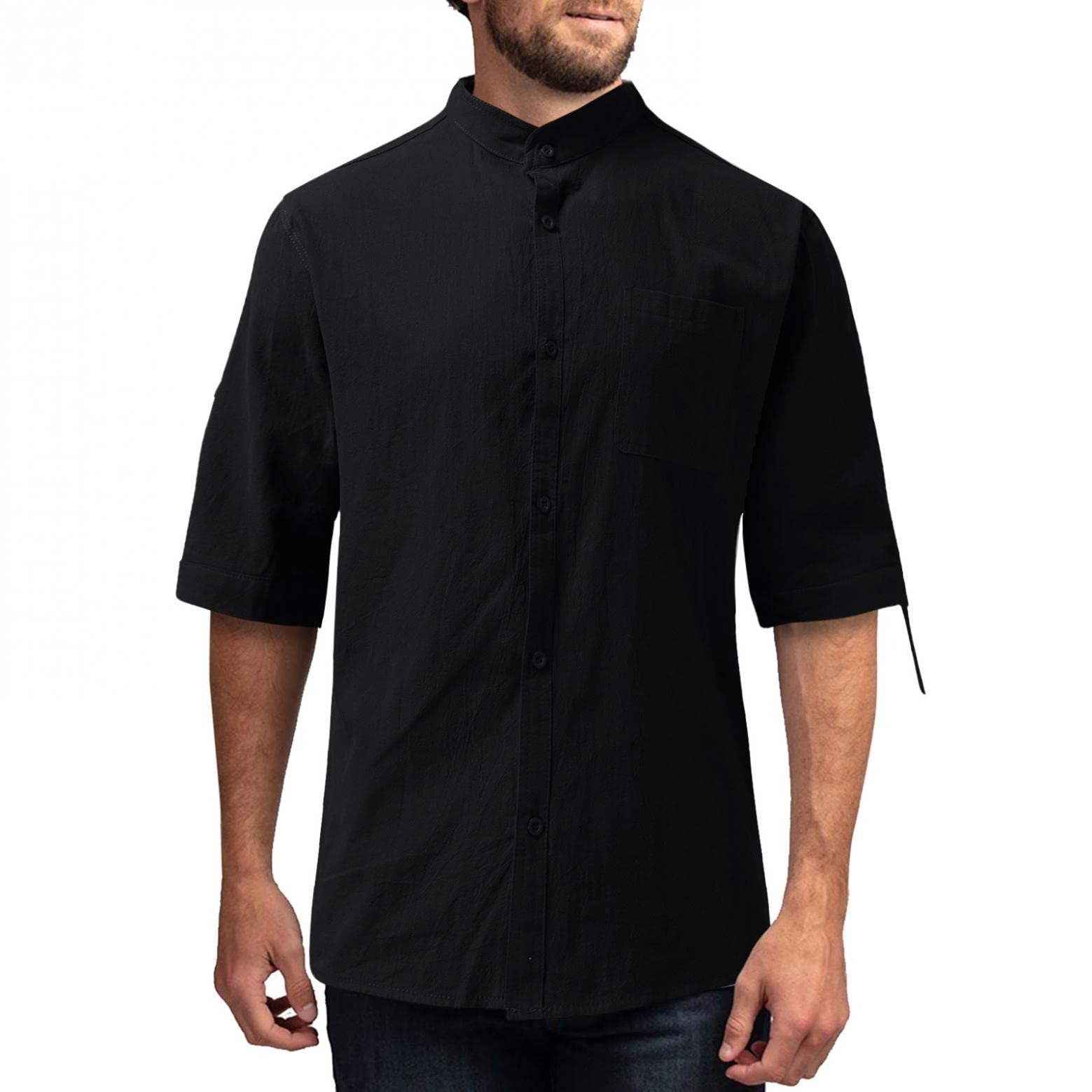 Men's Linen Short Sleeve Button Down Shirt - Mandarin Collar Casual Dress Shirt, Lightweight Breathable Regular Fit for Summer, Beach & Vacation Wear