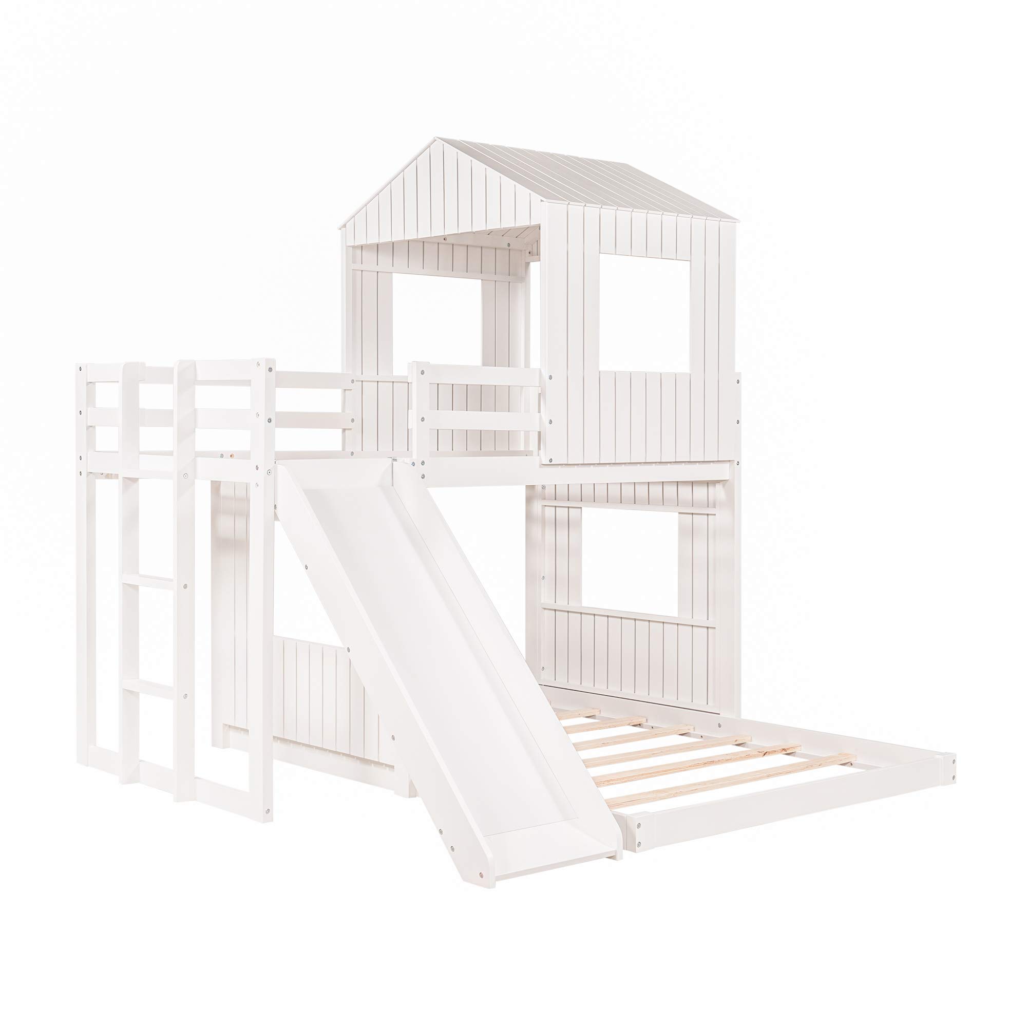 Quarte Twin Over Full Bunk Bed with Slide & Ladder - Solid Wood Loft Bed Frame with Playhouse, Farmhouse Design & Safety Guardrails - Perfect for Kids, Teens, Boys & Girls (White) - Ideal for Small Bedrooms, Playrooms & Shared Kids' Spaces