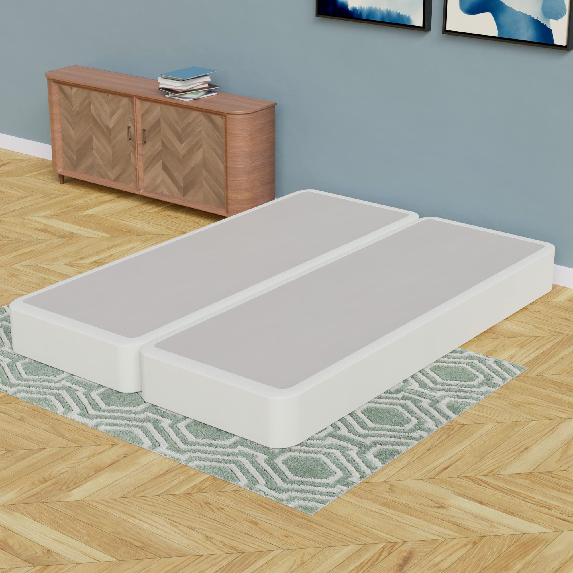 4-Inch Sturdy Box Spring for Queen Mattress - Durable & Fully Assembled Natural Wood Foundation in White | Perfect for Bedroom, Guest Room & Dormitory Support