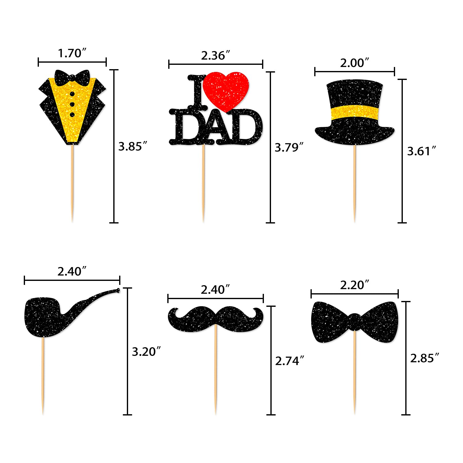 36Pcs Black Glitter Cupcake Toppers for Father's Day - I Love Dad Cake Decorations with Bow Tie, Mustache, Hat & Necktie - Perfect for Father's Birthday Party, DIY Cake Decorating & Holiday Celebrations