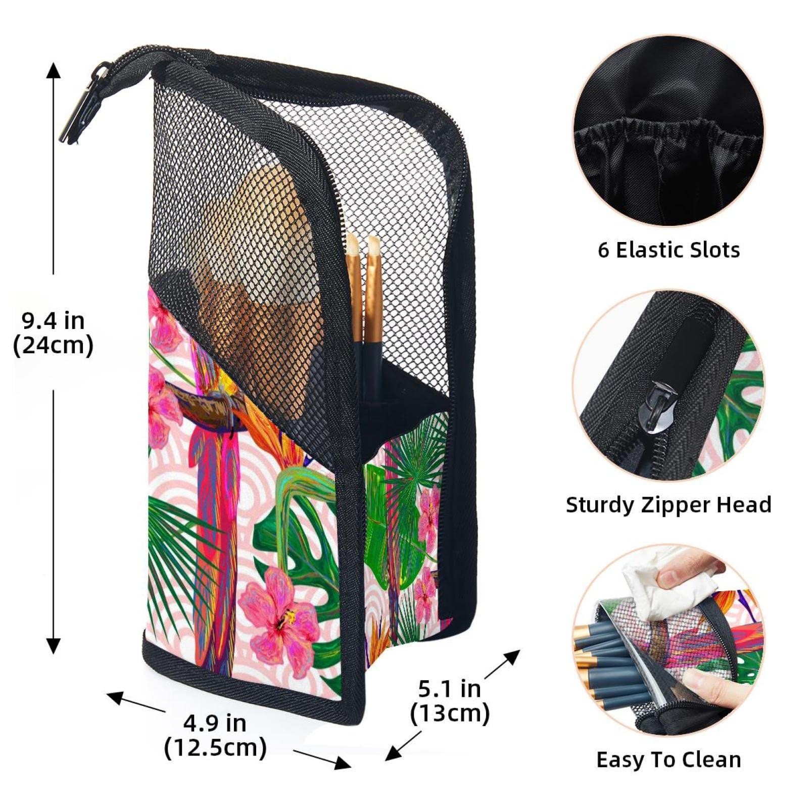 12-Piece Makeup Brush Organizer Bag with Jungle Pink Flower Parrots Design - Portable Cosmetic Brush Holder Case for Travel, Home & Professional Makeup Storage