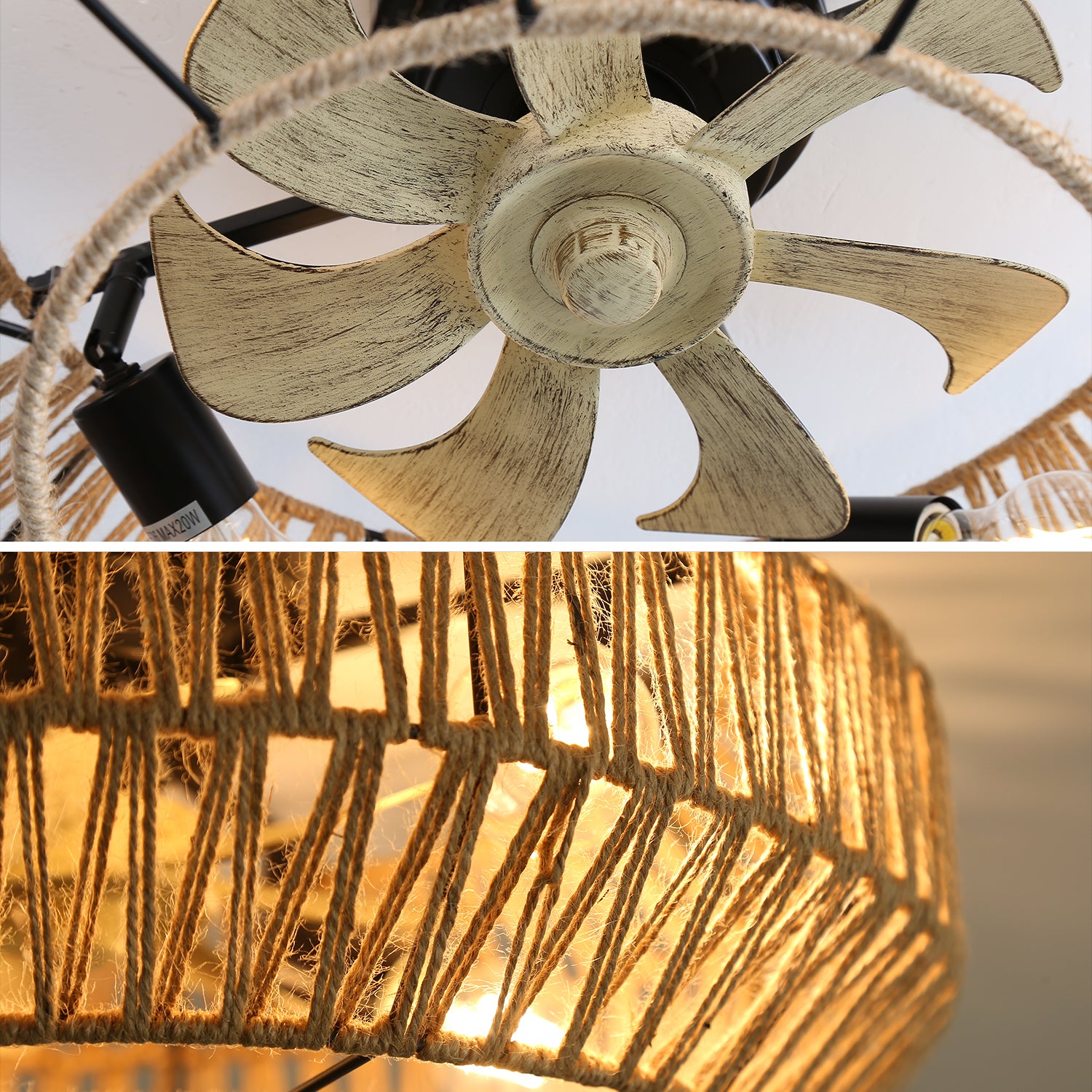 22 Inch Modern Boho Style Caged Ceiling Fan with Enclosed Rattan Blades - 6 Speed Remote Control, Reversible DC Motor - Perfect for Living Room, Bedroom & Patio Cooling