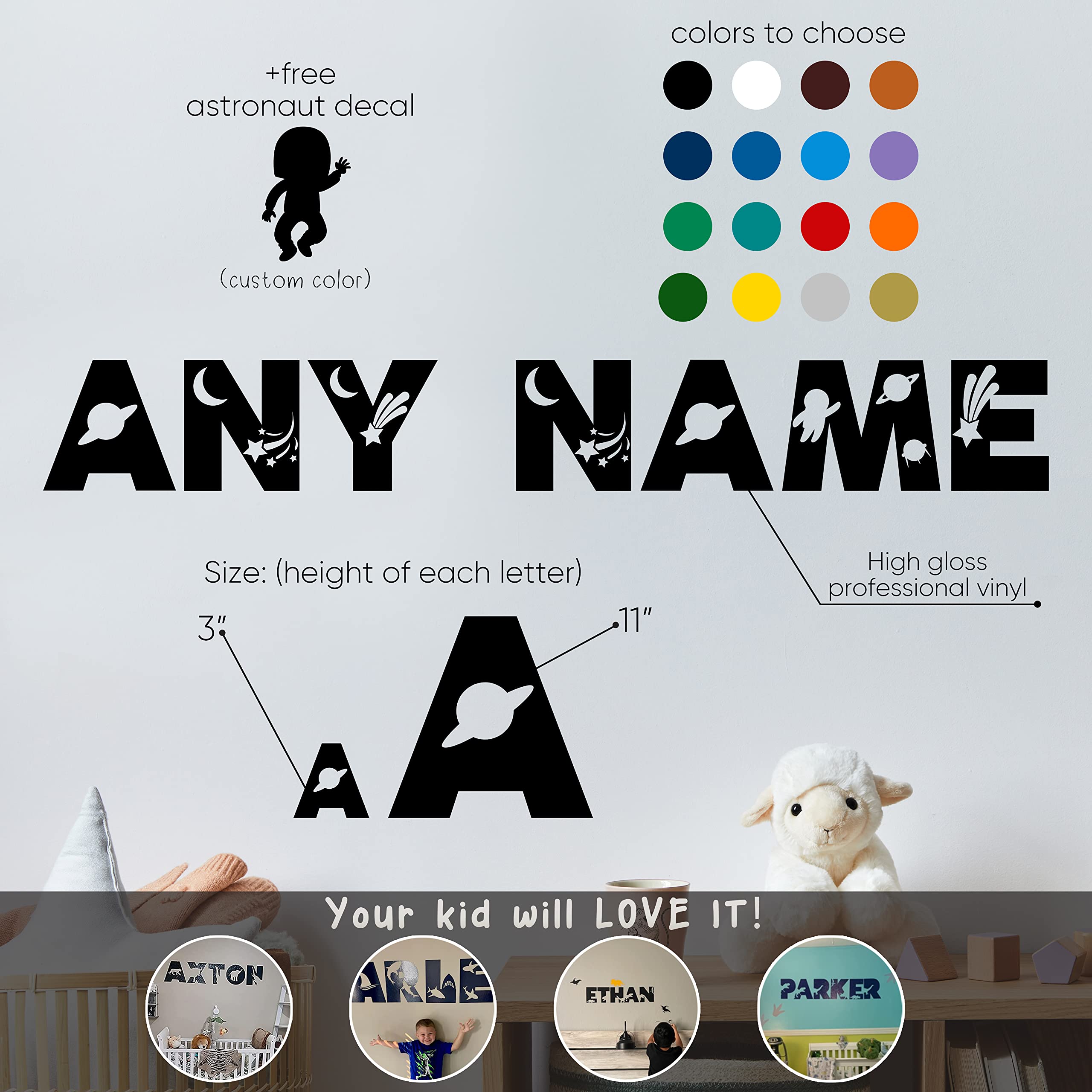 Custom Space Wall Name Decal - Baby Nursery & Kids Room Decor with Astronaut & Planets Theme - Perfect for Boys' Bedroom, Playroom, and Space-Themed Birthday Party Decorations