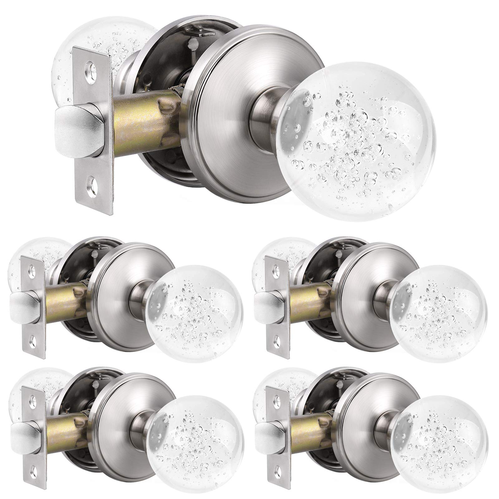 5 Pack Satin Nickel Crystal Glass Door Knobs with Bubbles - Keyless Round Interior Door Locks for Bedroom, Closet & Bathroom - Easy Installation & Elegant Home Decor Upgrade