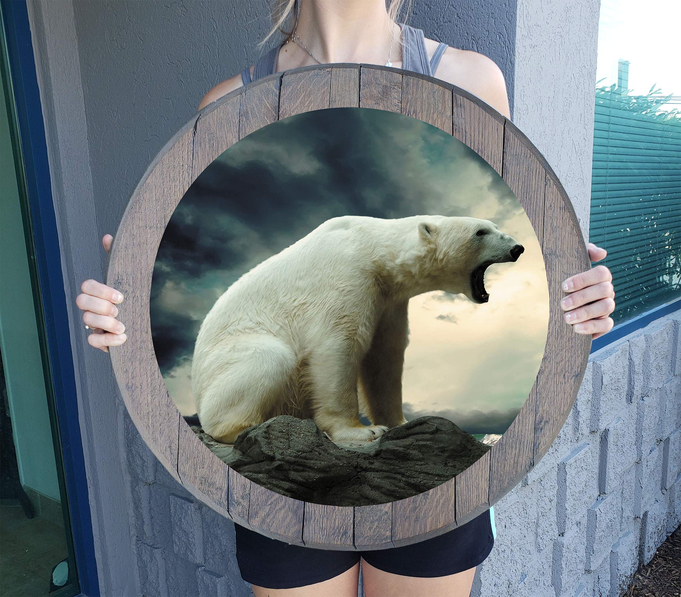 Rustic Polar Bear in Arctic Glacier Wall Art - Distressed Barnwood Gray Whiskey Barrel Lid Decor for Man Cave, Bar, or Home Office