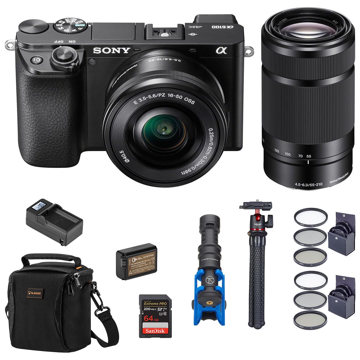 Sony Alpha A6100 Mirrorless Digital Camera with 16-50mm & 55-210mm Lens Kit - Black | Includes H&A Mic, Tripod, Case, 64GB SD Card, Filters, Battery & Charger | Perfect for Vlogging, Travel Photography & YouTube Content Creation
