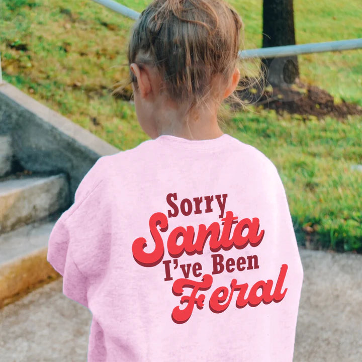 CLR Sorry Santa I've Been Feral Sweatshirt - Pink Women's Funny Christmas Sweatshirt | Cute Holiday Party Outfit for Xmas Gatherings & Ugly Sweater Contests