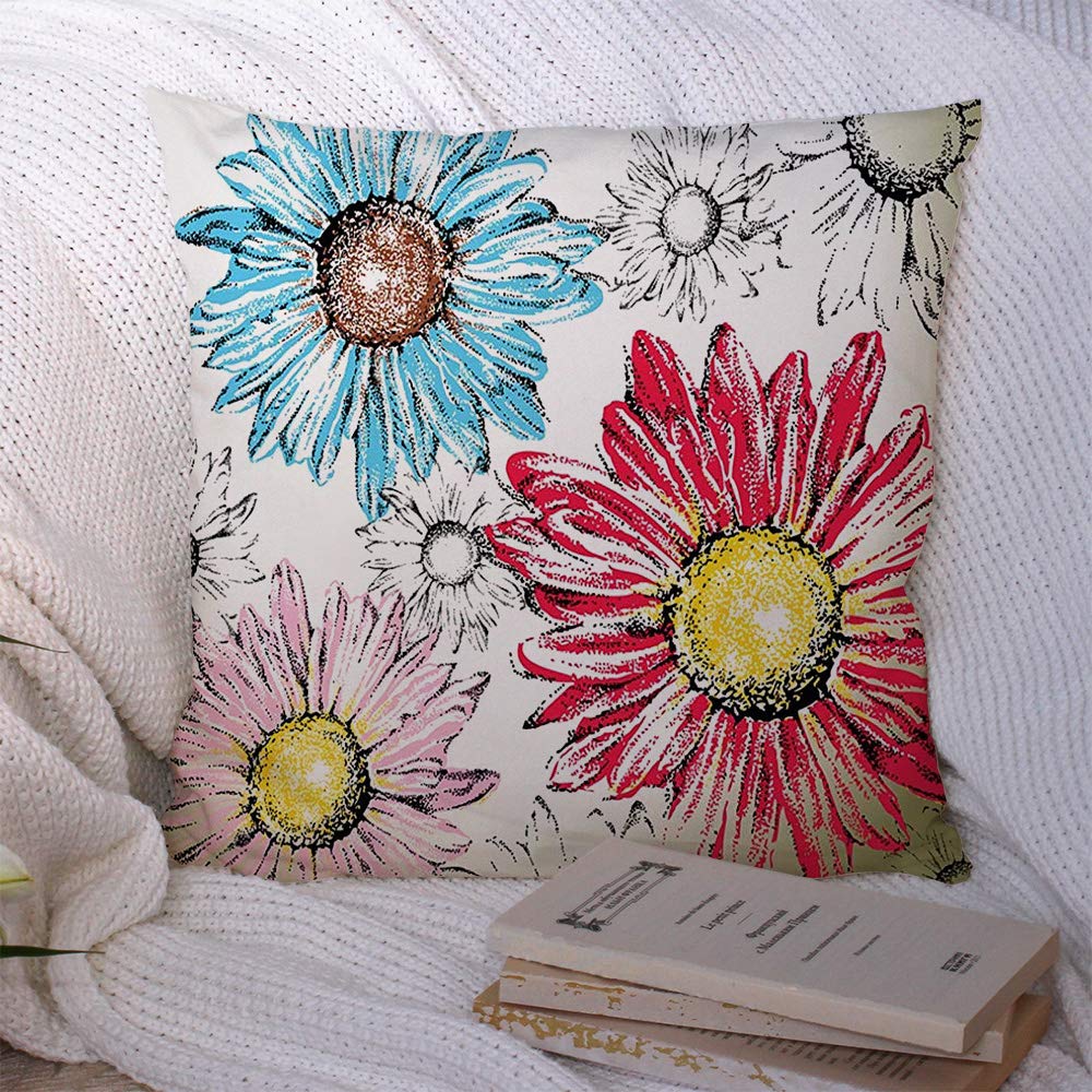 Vintage Daisy Floral Throw Pillow Covers - 20x20 Inch Polyester Decorative Cushion for Sofa, Couch, Office & Home Decor - Hand-Painted Gerbera Blossom Design in Yellow & Nature Colors - Perfect for Living Room, Bedroom & Seasonal Summer Decor