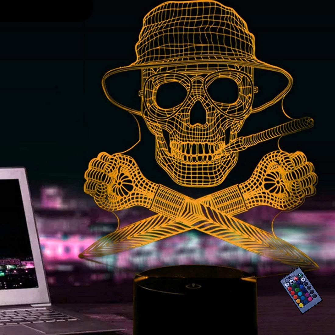 3D Skull Night Light with 16 Color Changing LED, USB Powered, Remote & Touch Control - Optical Illusion Desk Lamp for Halloween Decor, Bedroom, Gaming Room & Party Lighting