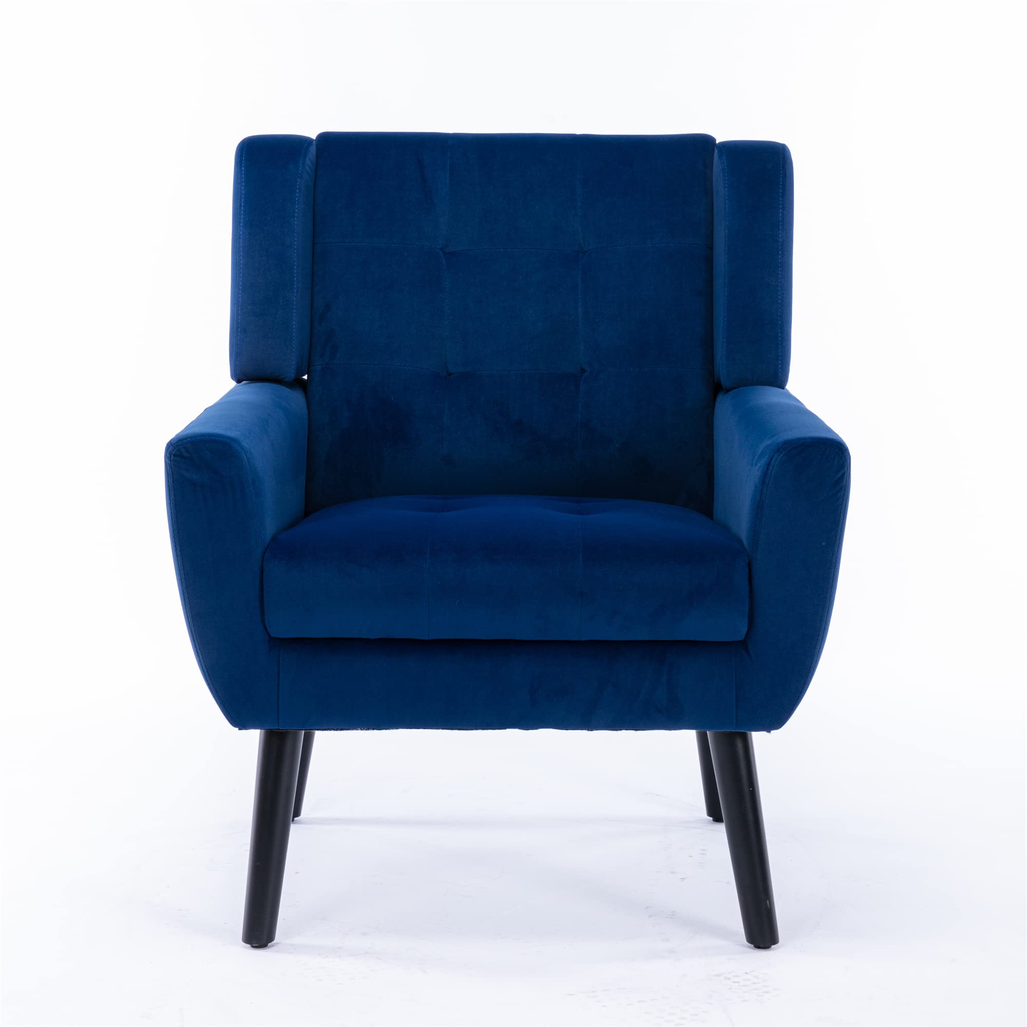 Modern Upholstered Button Tufted Accent Chair with Black Legs - Blue Linen Fabric Armchair for Living Room, Bedroom & Home Decor - Ergonomic Comfort Sofa Chair for Relaxing, Reading & Lounge Spaces