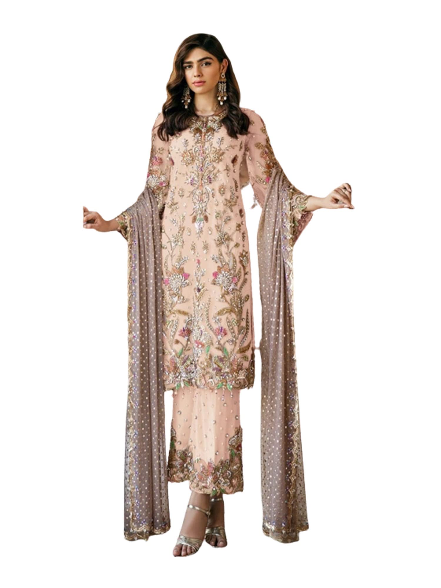 Shri Balaji Designer Indian Embroidered Faux Georgette Wedding Saree & Stitched Shalwar Kameez Pant Suit - Elegant Ethnic Outfits for Women, Muslim Festive Wear, Bridal Party & Special Occasions