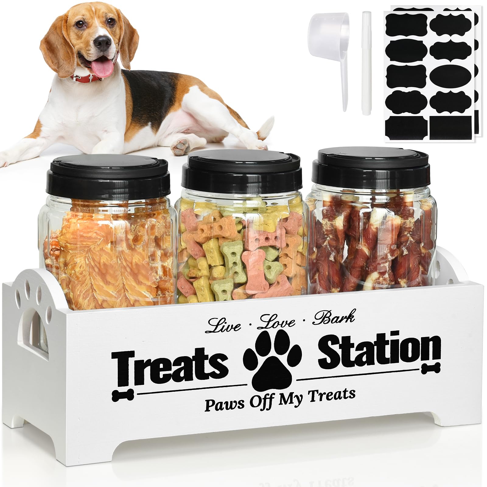 Farmhouse Style Dog & Cat Food Storage Container with 3 Plastic Jars - Airtight Pet Treat Organizer for Dog Treats, Cat Food & Kibble Storage - Perfect for Kitchen Counter, Pantry or Pet Feeding Station