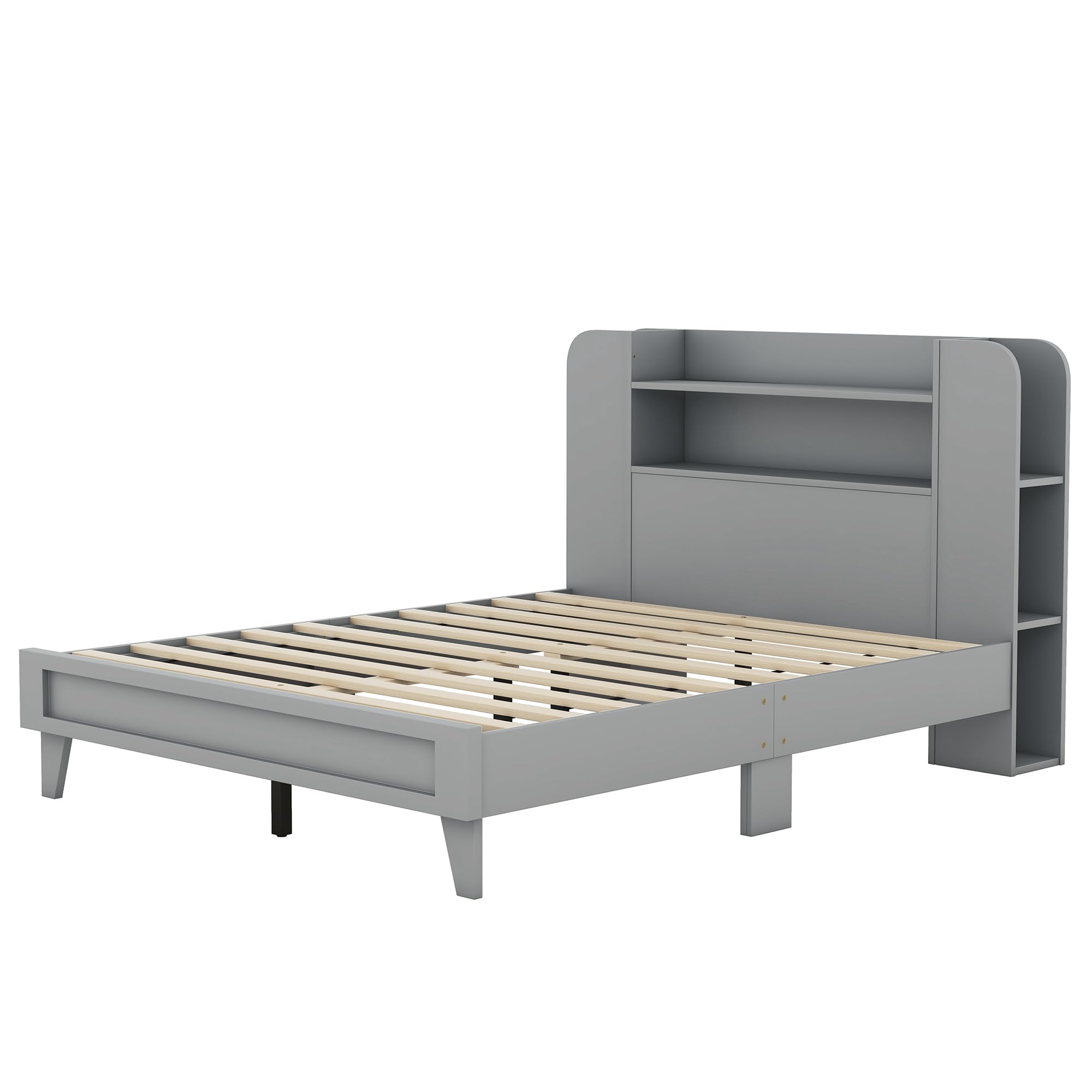Full Size Wooden Platform Bed Frame with Storage Headboard & Shelves - Grey Kids Bed for Boys & Girls - Perfect for Small Bedrooms, Dorm Rooms & Space-Saving Storage Solutions