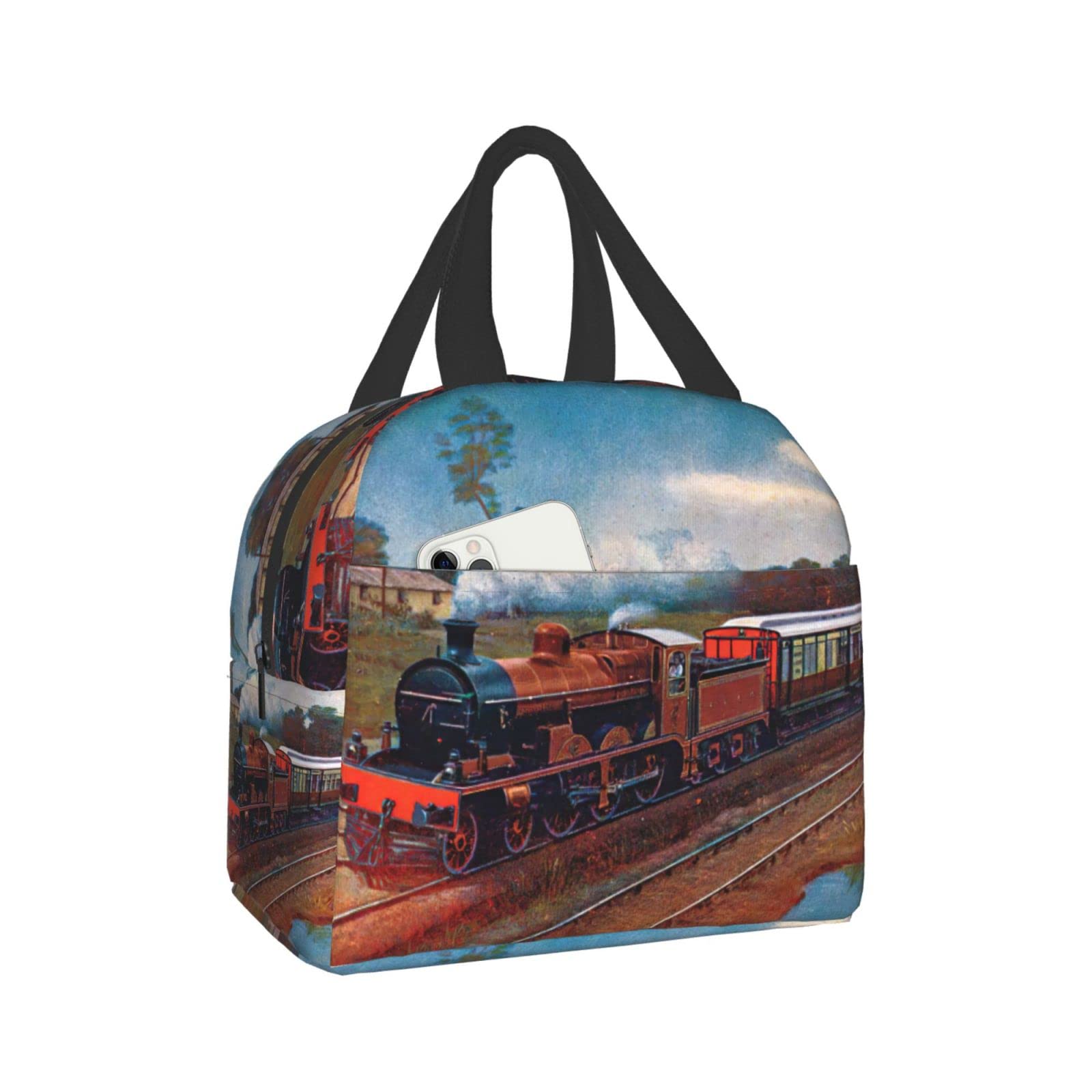 Reusable Insulated Lunch Bag with Adjustable Leakproof Design - Portable Cooler Tote for Picnic, School & Work | Train-Themed Lunch Box with Gray Smoke Steam Design | Perfect for Kids & Adults