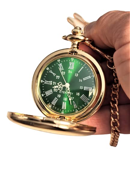 Personalized Vintage Engraved Pocket Watch with Green Dial & Roman Numerals - Includes Chain, Fitted Box & Custom Engraving - Perfect for Gifts, Weddings, and Antique Collectors (Black)