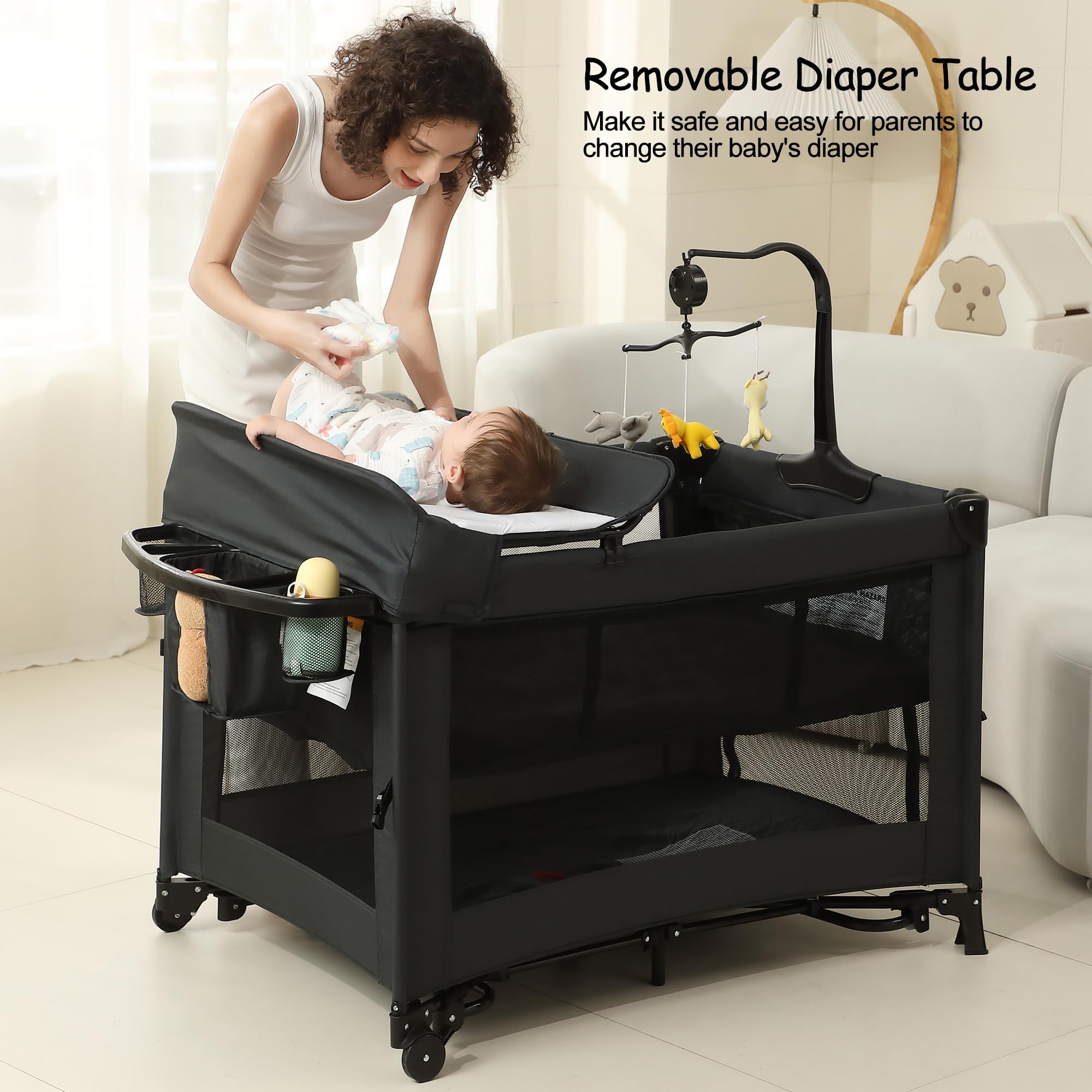 5-in-1 Baby Playard with Bassinet & Changing Table - Foldable Travel Crib for Newborn to Toddler - Portable Bedside Sleeper & Playpen (Black) - Perfect for Nursery, Travel & On-the-Go Parenting