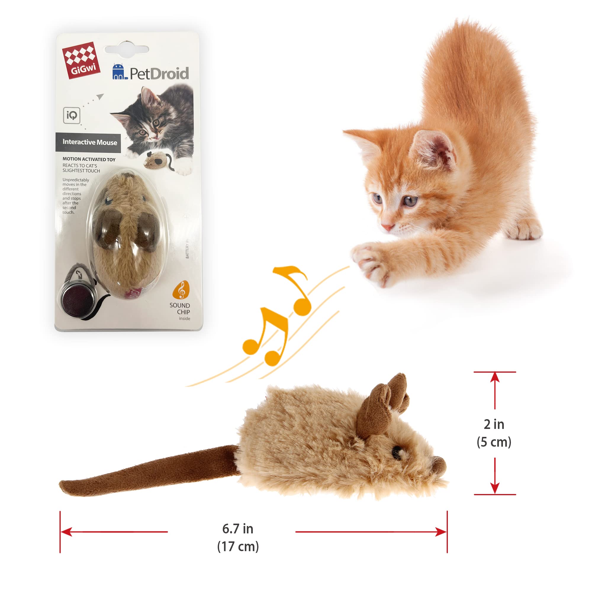 Gigwi Interactive Electronic Cat Toy Mouse with Moving Automatic Motion & Furry Tail - Squeaky Kitten Toy for Indoor/Outdoor Play & Exercise - Perfect for Playtime, Training & Stimulation (Brown-Ear)