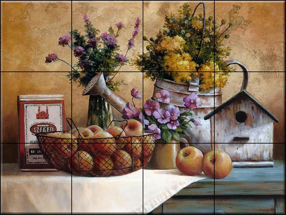Ceramic Backsplash Tile Mural - Floral Flower Design with Birdhouse & Watering Can for Kitchen & Bathroom - T.C. Chiu - Perfect for Farmhouse, Cottage, and Vintage Style Decor