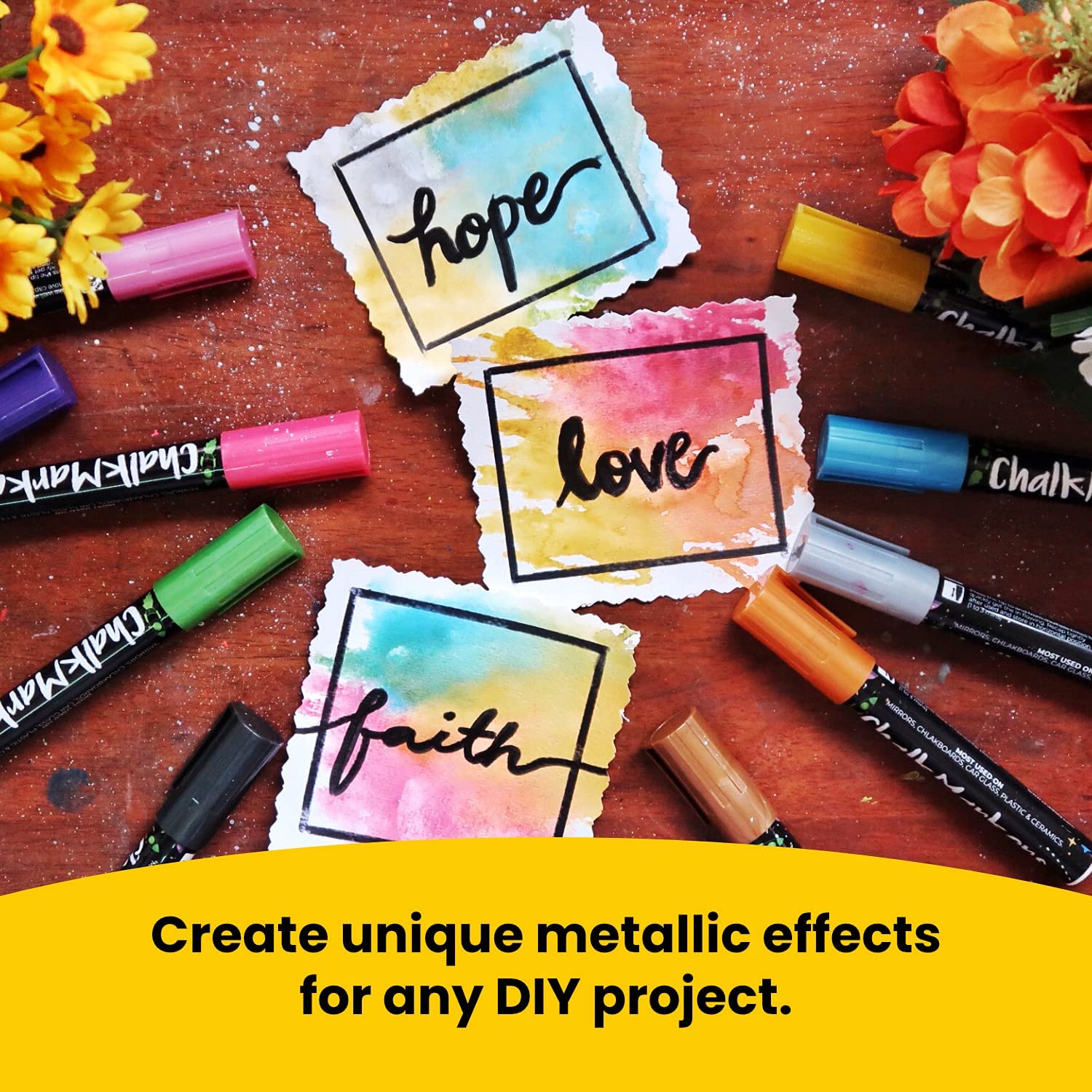 Vibrant Chalk Markers Set - 10 Metallic & 5 White Chalk Pens for DIY Crafts, Menu Boards, and Classroom Decor