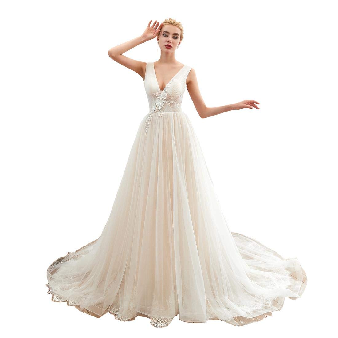 FCOMES Women's Sleeveless V-Neck Tulle Applique Wedding Dress | Elegant Bridal Gown for Bride, Evening Party & Special Occasions | Perfect for Weddings, Prom, Cocktail Parties & Formal Events