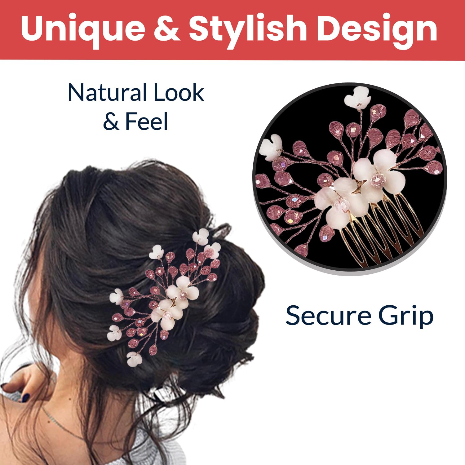 TEMPERIA Women's Hair Accessories - Elegant Artificial Flower & Crystal Pearl Bun Juda Bridal Brooch for Hairstyling & Decoration - Bridal Hair Pins & Clips (Pink & White) - Perfect for Weddings, Proms & Special Occasions