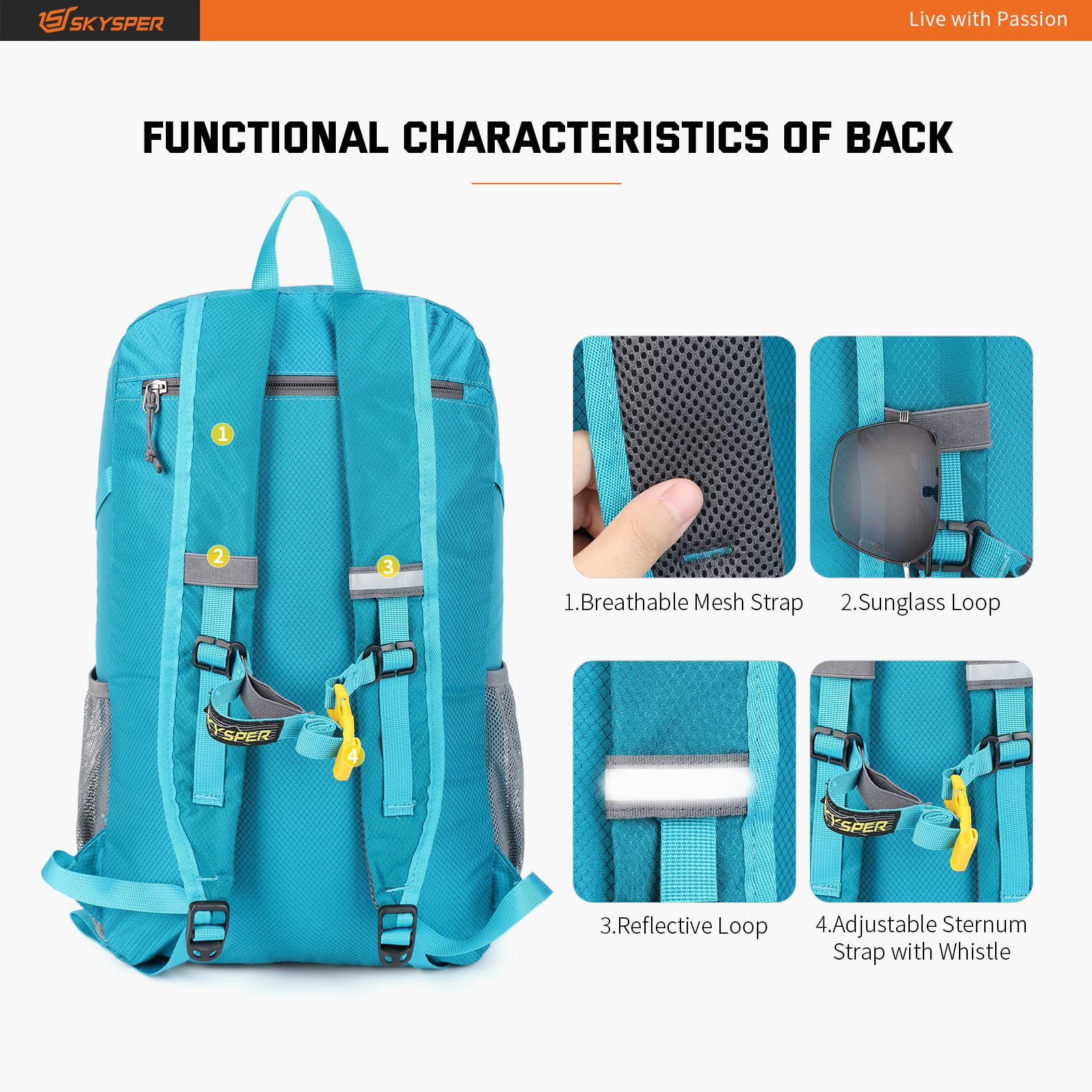 SKYSPER 30L Lightweight Packable Backpack - Waterproof Hiking Daypack with Wet Pocket, Foldable Travel Carry-on Backpack for Women & Men - Perfect for Outdoor Adventures, Gym, School & Daily Commute