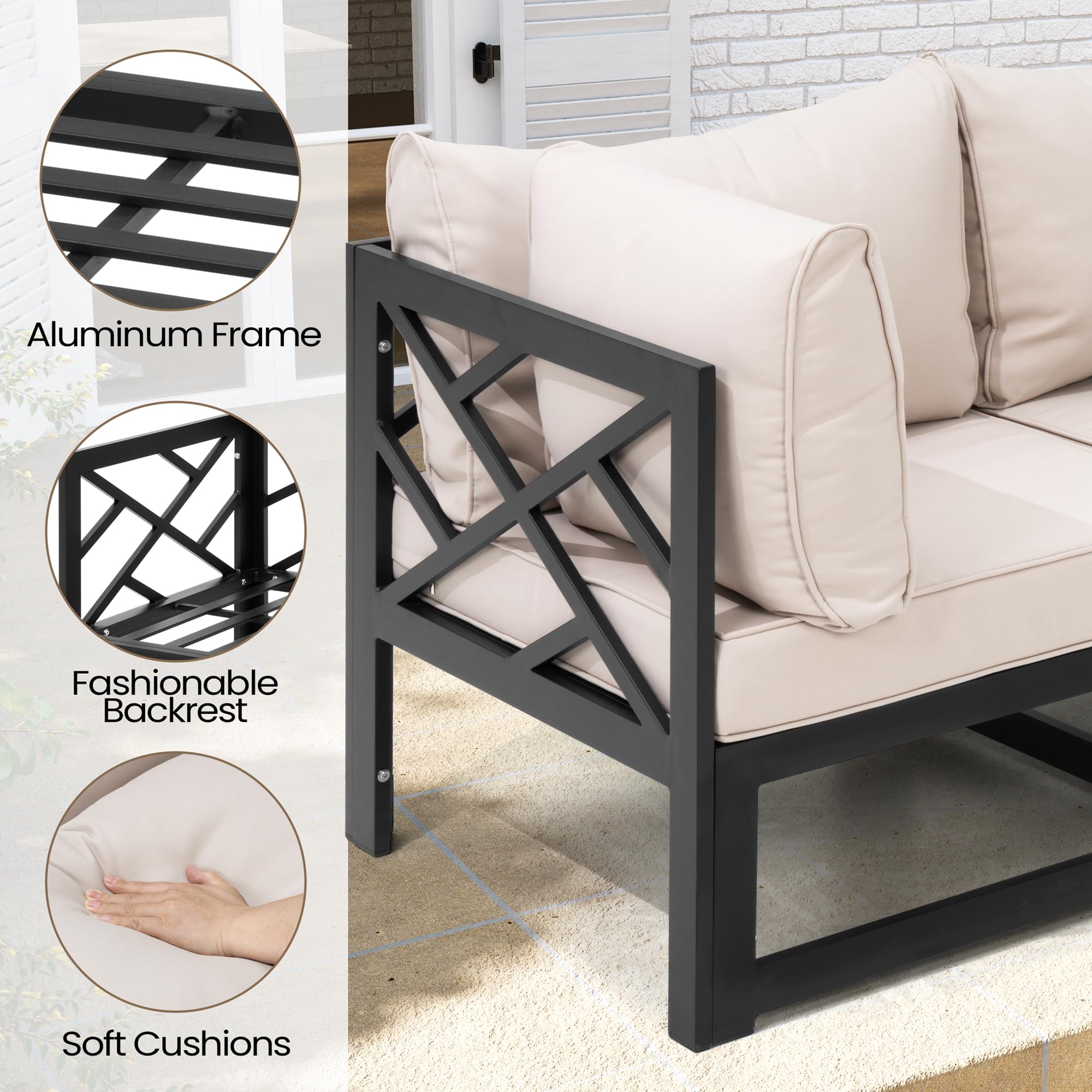 Pellebant 3-Piece Aluminum Patio Loveseat Set with Coffee Table & Removable Cushions - Modern Outdoor Furniture for Garden, Lawn, Backyard or Poolside Relaxation (Beige)